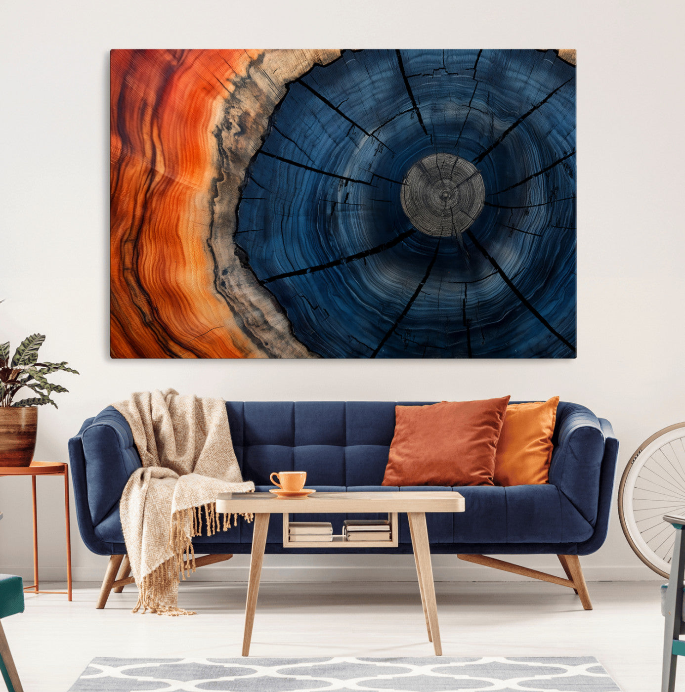 A captivating close-up of a tree trunk, showcasing its concentric rings in rich shades of blue, orange, and brown, highlighting the organic patterns of natural wood.