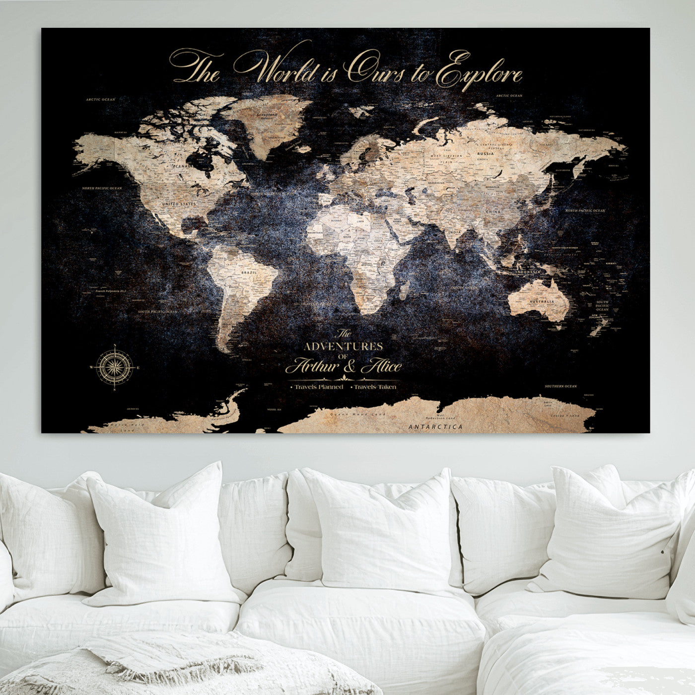 '-Customize Push Pin World Map Wall Canvas Print, Personalized Travel Tracker with Pins, Framed Large Canvas for Home Office Decor - H37