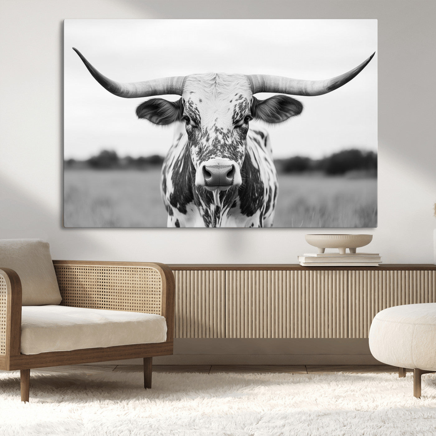 Capture the strength and elegance of nature with this striking black and white portrait of a longhorn cow. Its powerful presence makes a bold statement in any room.