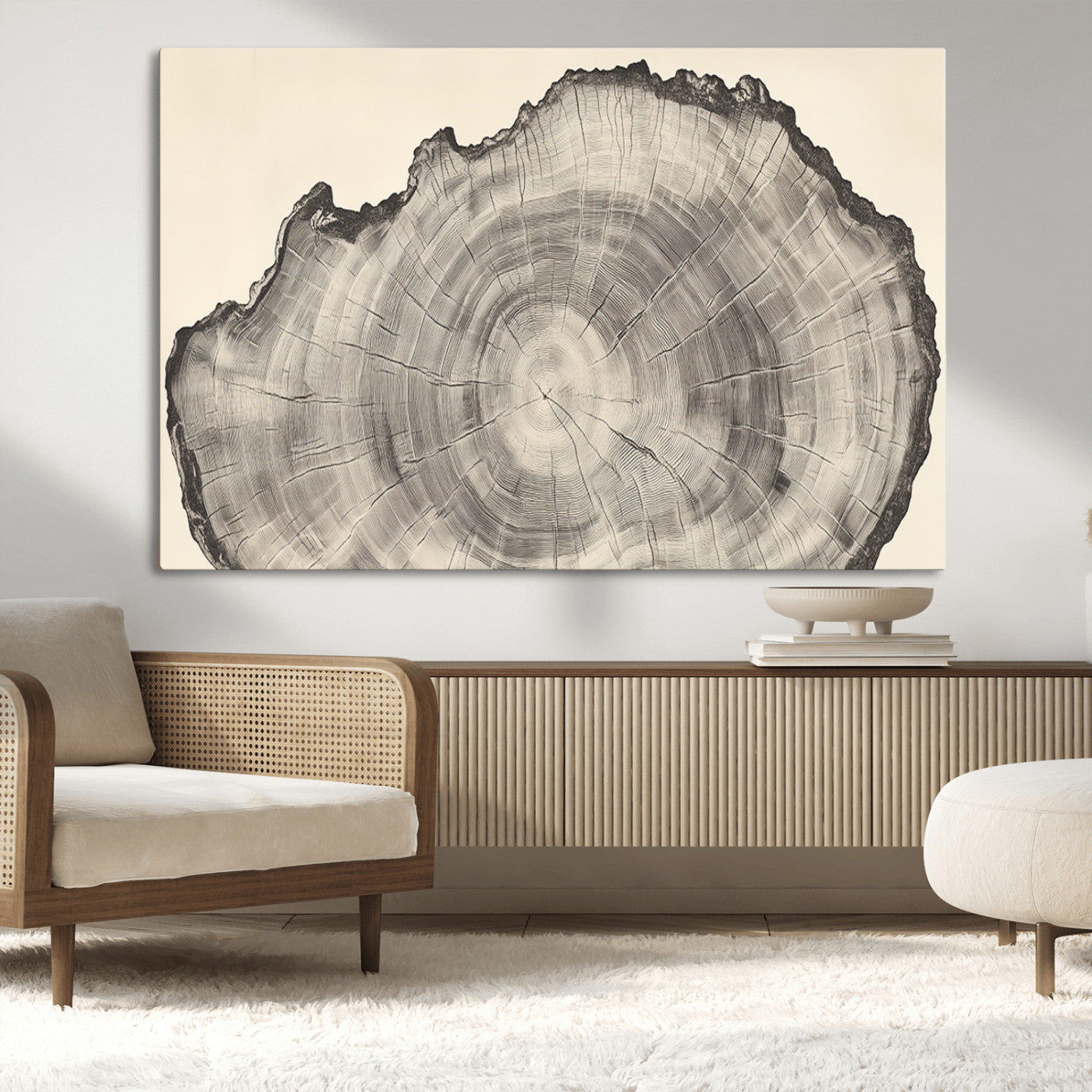 Detailed tree ring drawing in monochrome tones, ideal for rustic or nature-inspired interiors with a minimal decor aesthetic.