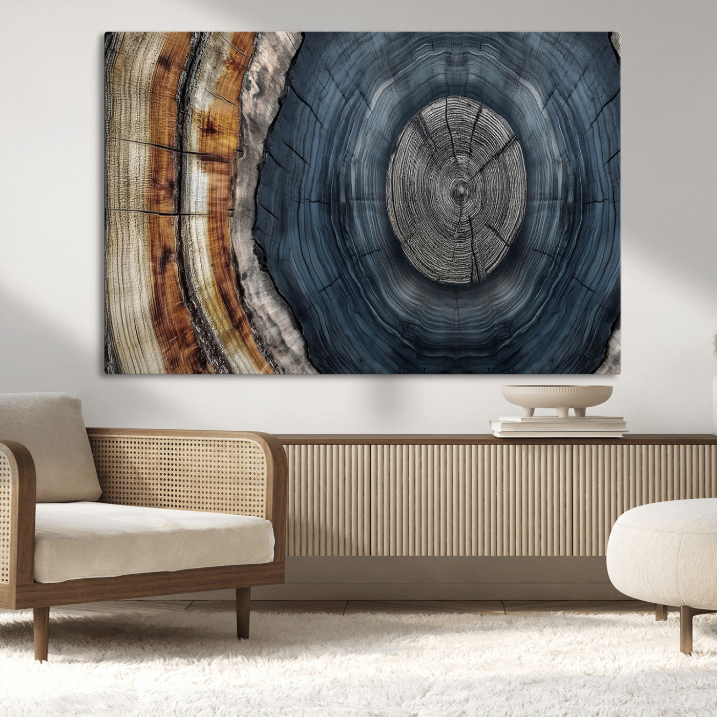 A stunning close-up of a tree trunk showing the intricate, circular growth rings, showcasing the natural textures and rich contrasts in deep blues, browns, and silvers.