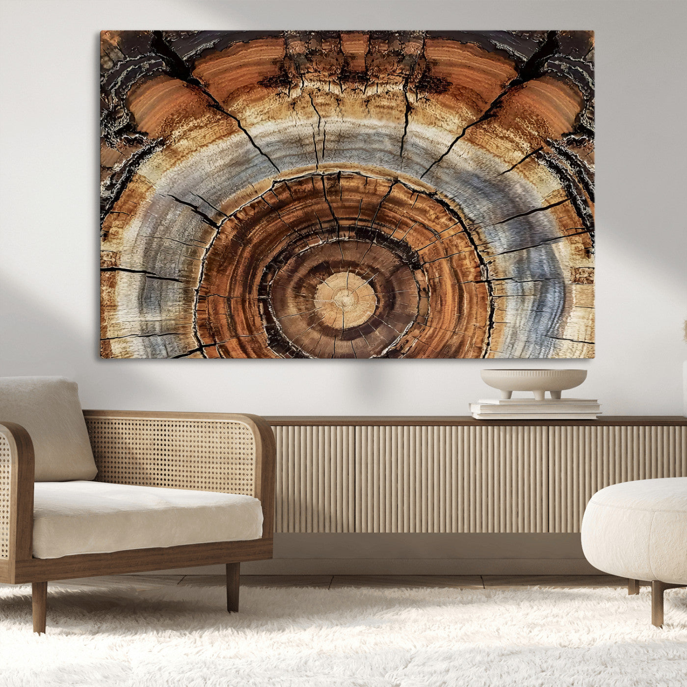 Canvas of tree rings and natural wood grain in earthy tones, ideal for rustic or vintage-inspired home decor with organic textures.