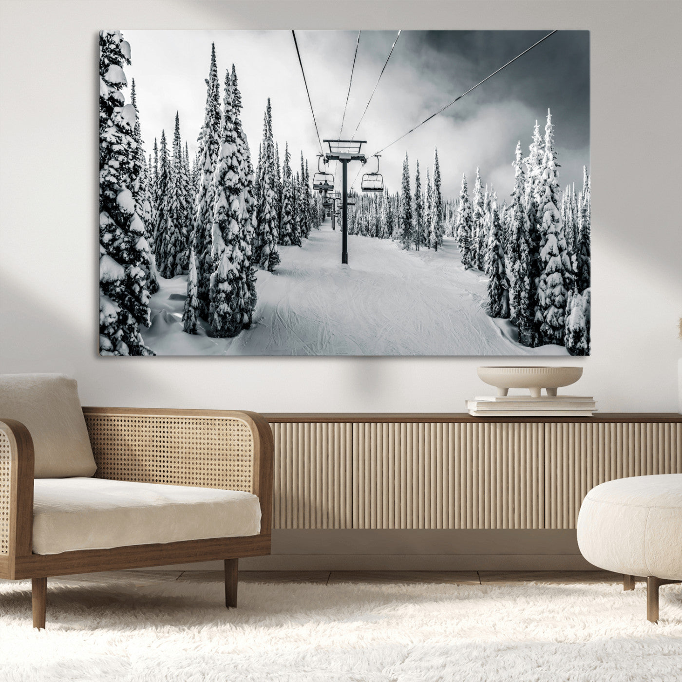 Canvas of a snowy ski lift scene through a forest of tall pine trees, ideal for moody winter or alpine-themed home decor.