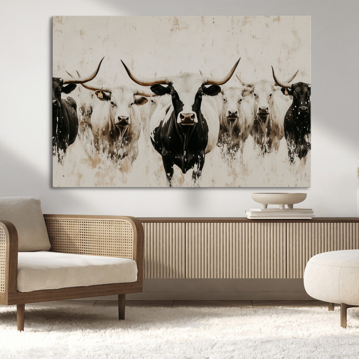 Illustrated herd of longhorn cattle in black and white tones with a neutral textured background, perfect for rustic or farmhouse-style decor.