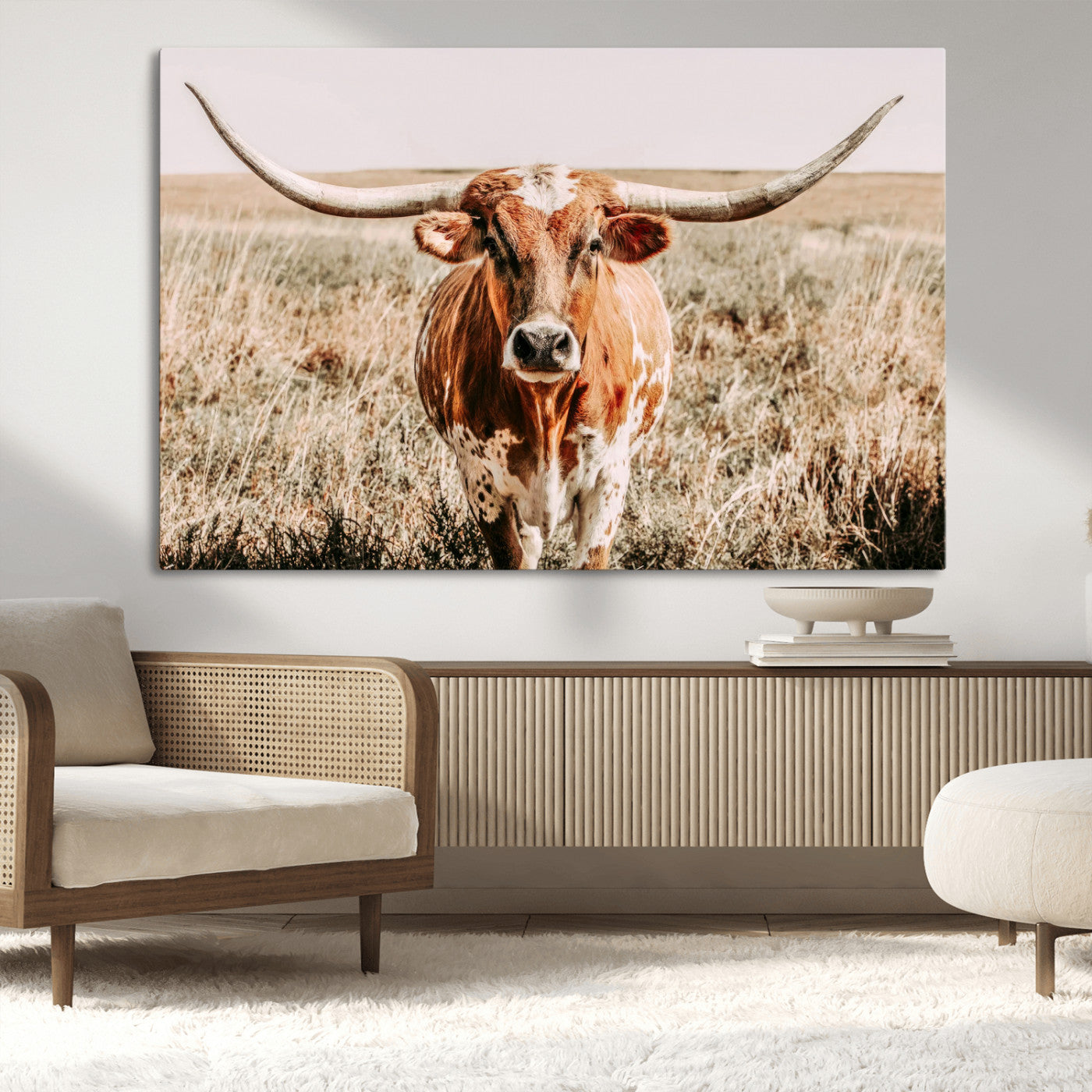 Framed longhorn cow canvas wall art with rustic prairie background, western animal print perfect for farmhouse or ranch style decor