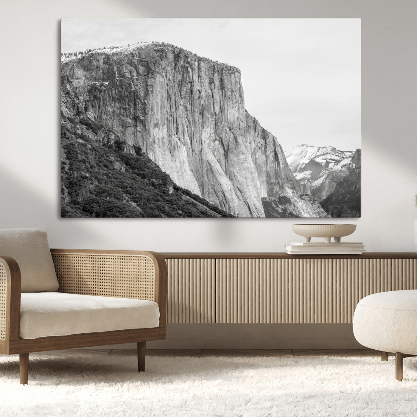 Monochrome canvas of El Capitan’s granite wall in Yosemite with snowy peaks, ideal for dramatic mountain or black-and-white nature decor.