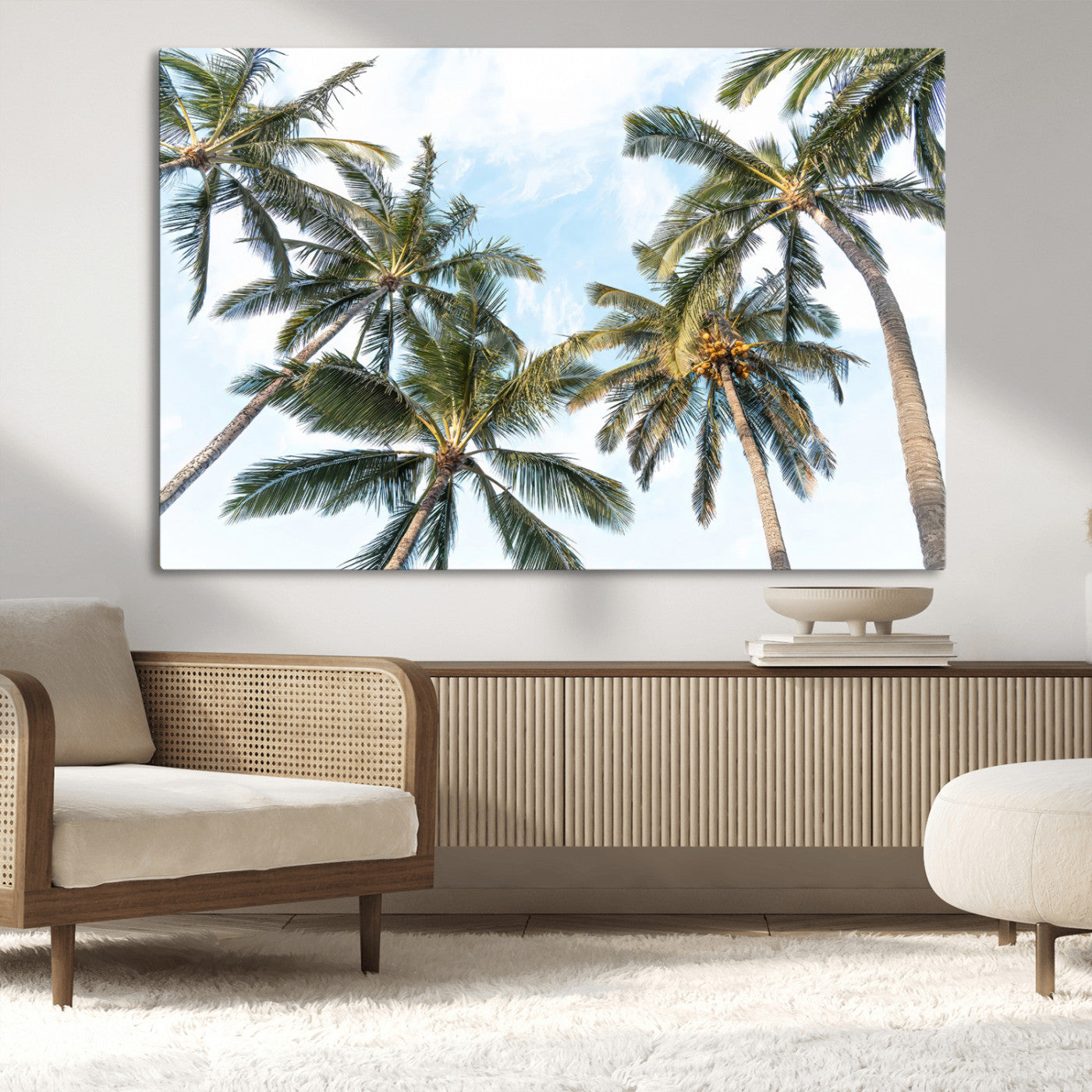 Framed canvas of tall palm trees reaching into a tropical sky, ideal for beach home or relaxed island-inspired wall decor.