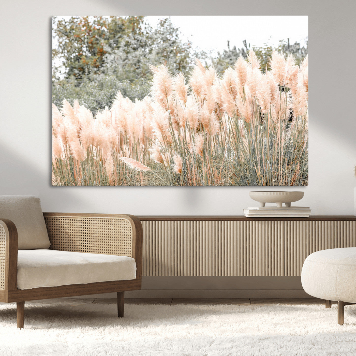 Soft pastel pampas grasses in a natural setting, ideal for neutral boho or rustic botanical-style interior wall decoration.