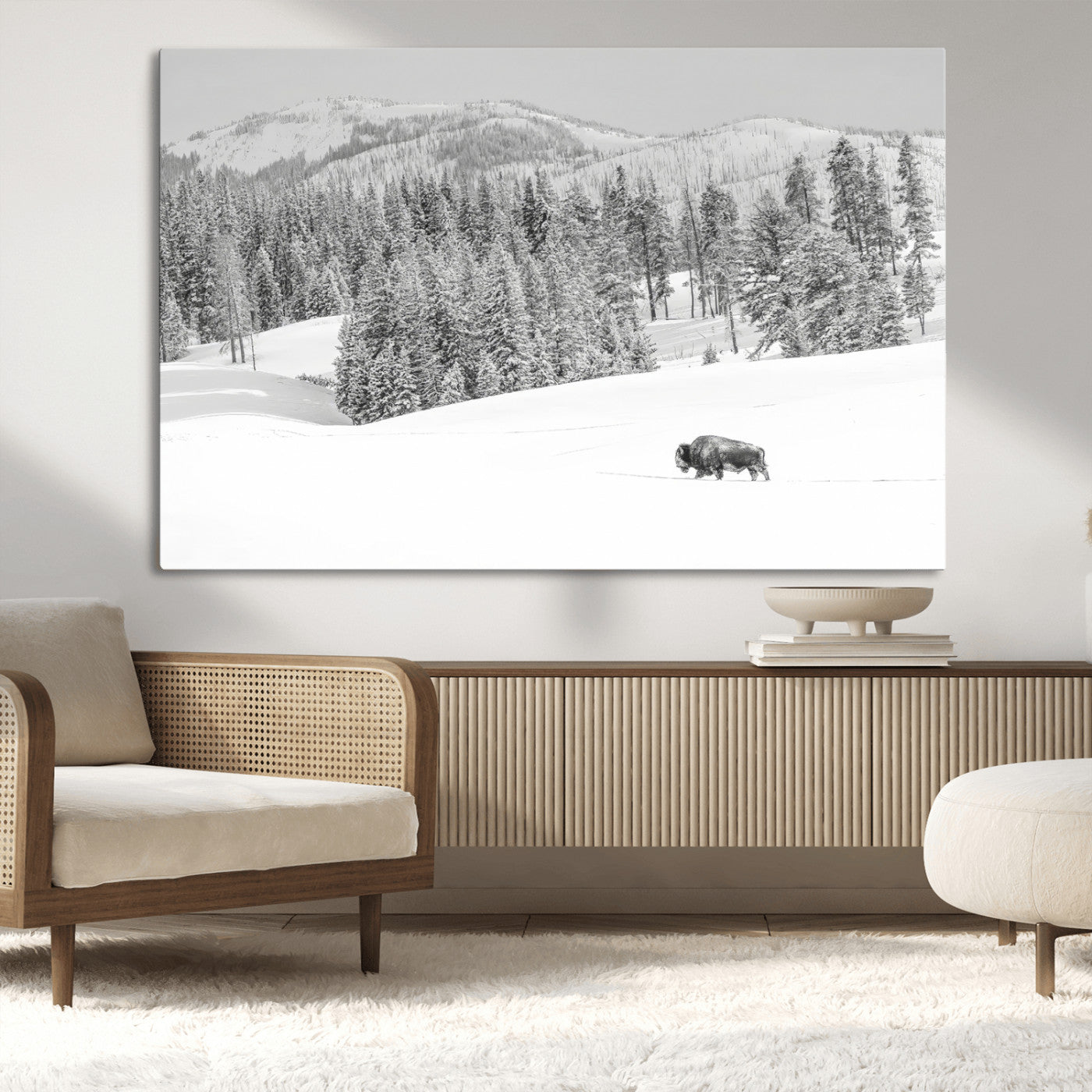 Snowy bison walking through white forest landscape, ideal for monochrome winter or wilderness-style interior wall decoration.