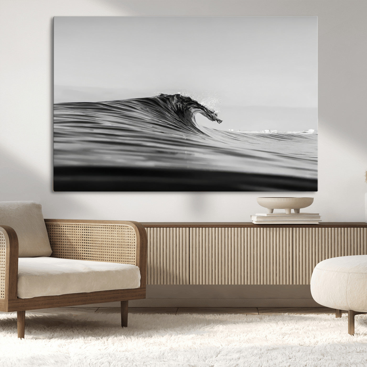 Striking black and white photo of a curling wave, ideal for modern coastal or minimalist wall decor settings.