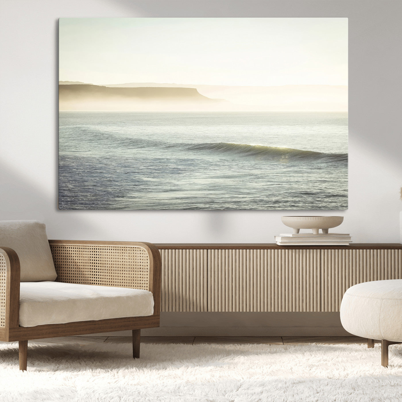 Canvas of a misty ocean scene with coastal cliffs and soft neutral tones, ideal for Scandinavian coastal or minimalist nature-inspired home decor.