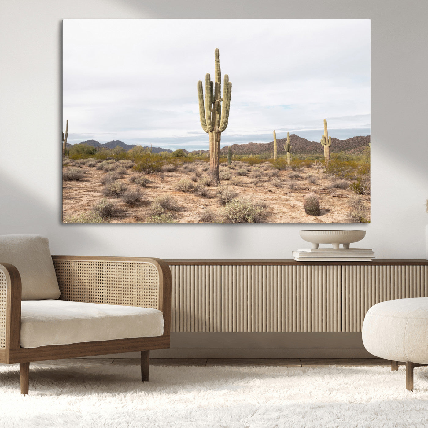 Canvas of a saguaro cactus in an earthy Sonoran desert landscape, ideal for Southwestern Boho or desert minimalism inspired home decor. 2/2