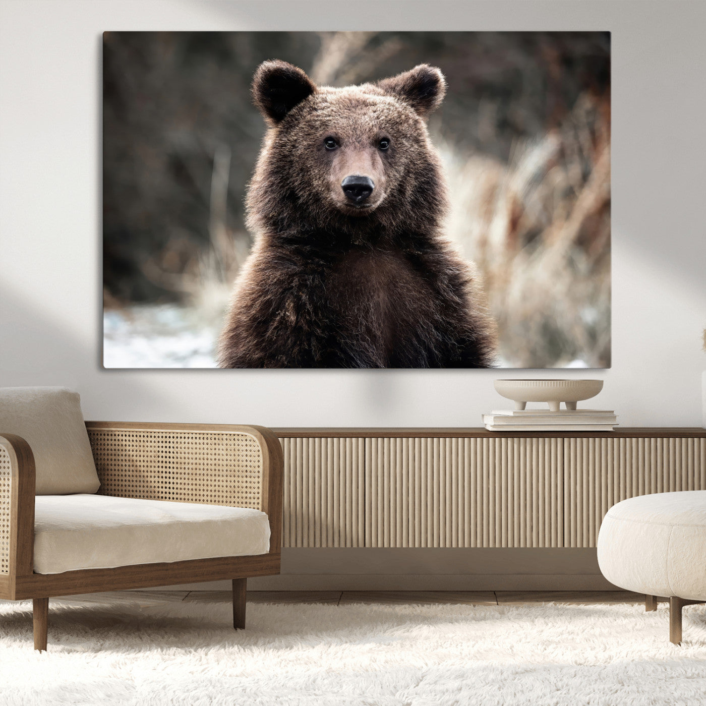 Canvas of a brown bear in soft earthy tones and moody forest light, ideal for rustic cabin or woodland nature-themed home decor.