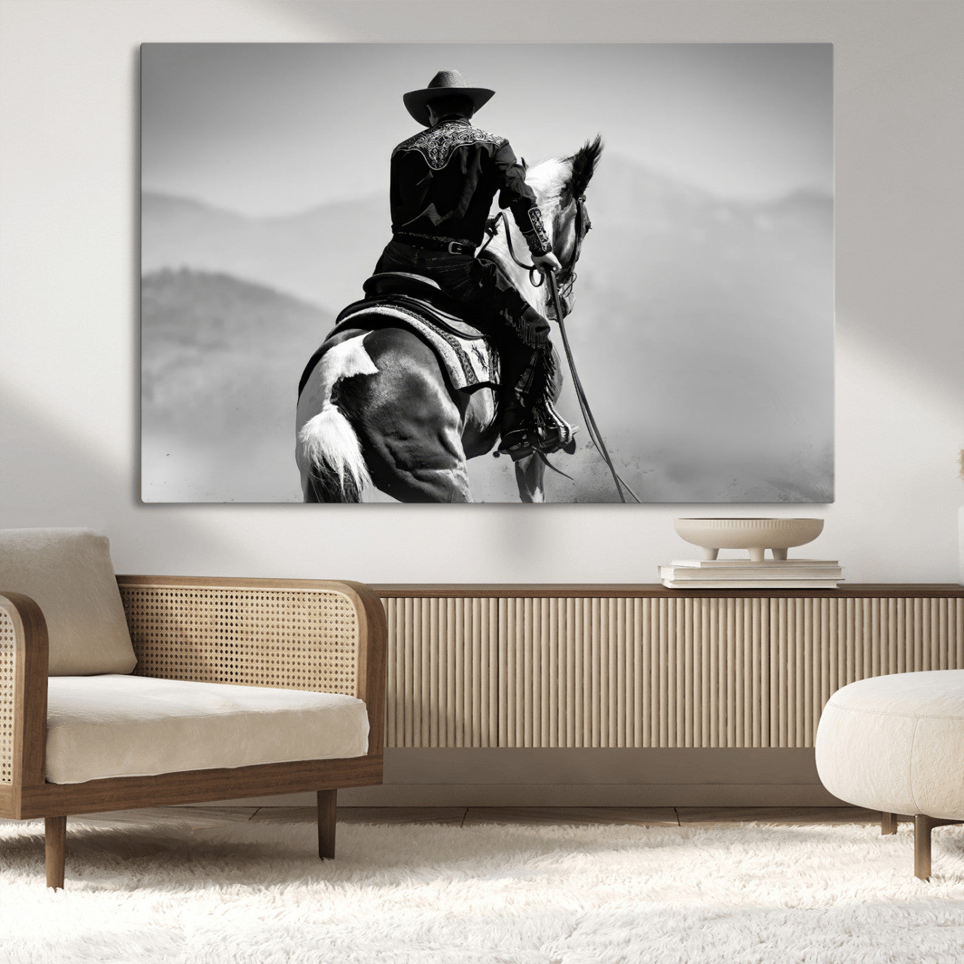 Black and white canvas of a cowboy on horseback with moody tones, perfect for rustic western or country-inspired home decor.