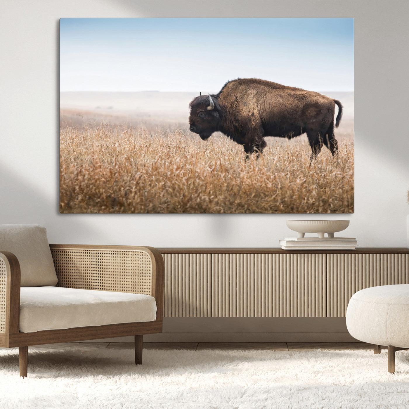A majestic bison standing in an open prairie field, its strong form blending into the golden grass under a vast blue sky, evoking the wild spirit of the American plains.