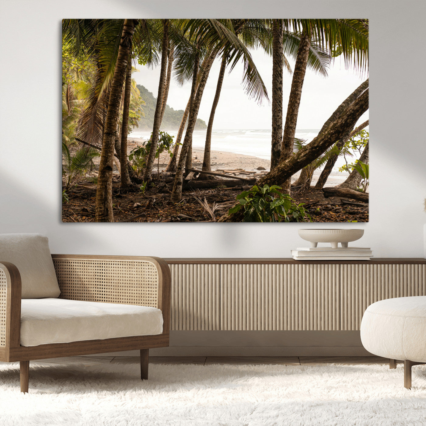 Dense tropical palm trees framing a sandy beach and ocean shore, ideal for jungle or coastal themed interior wall decor.