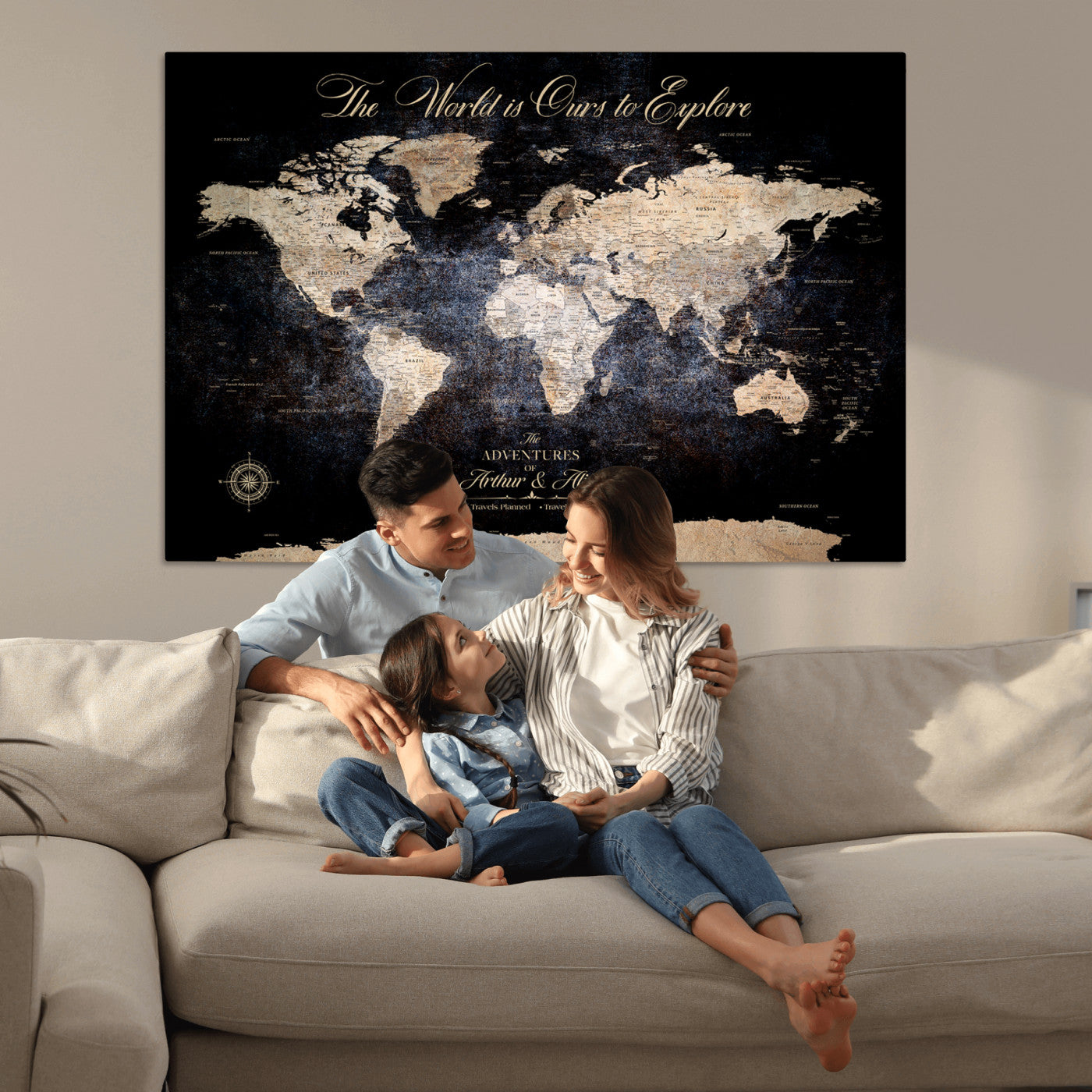 '-Customize Push Pin World Map Wall Canvas Print, Personalized Travel Tracker with Pins, Framed Large Canvas for Home Office Decor - H37