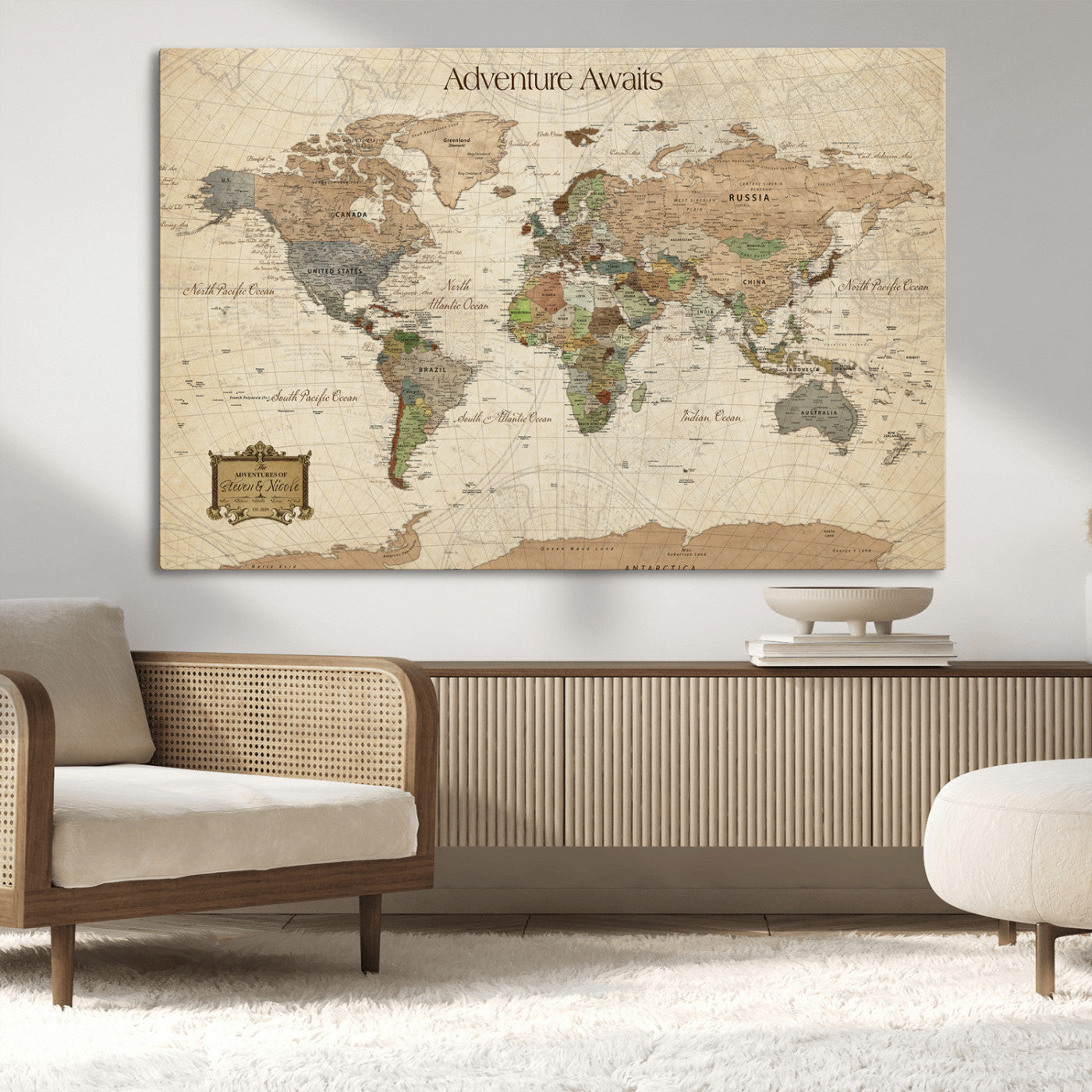 Custom Push Pin World Map Wall Canvas Print – Personalized Travel Tracker with Pins – Framed Custom Quotie Canvas for Home Office Decor