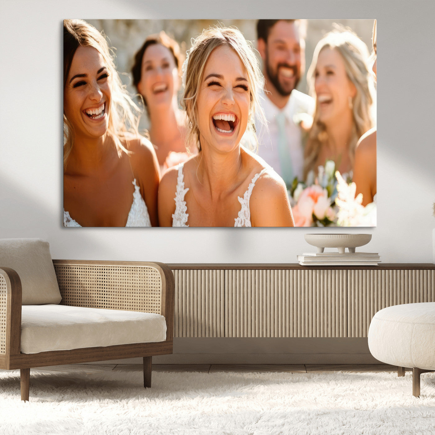 MGV-CV-36X24 - Joyful Wedding Wall Art – Laughing Bride and Bridesmaids Canvas Print, Romantic Celebration Photography Decor for Bedroom, Living Room, or Wedding Gift