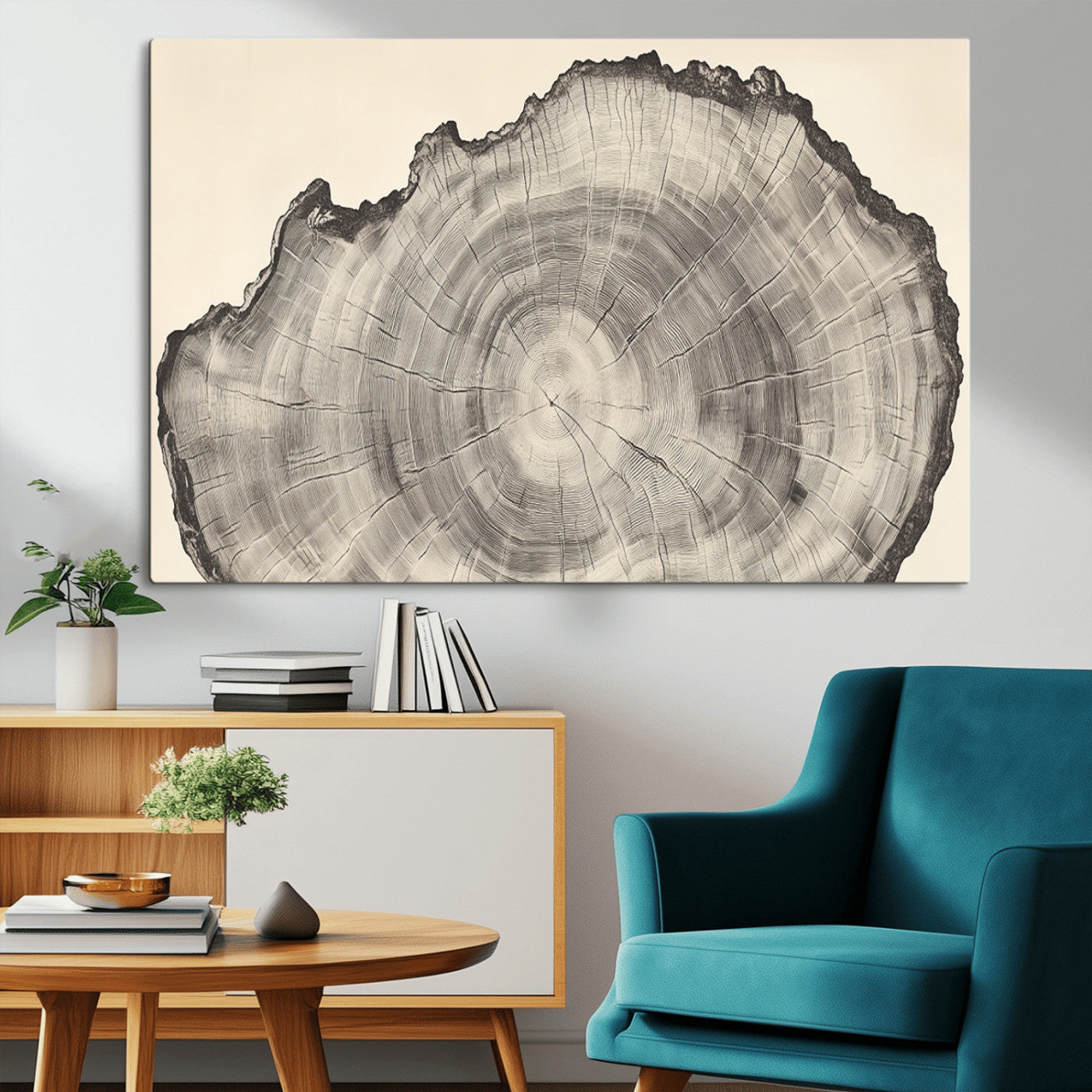 Detailed tree ring drawing in monochrome tones, ideal for rustic or nature-inspired interiors with a minimal decor aesthetic.