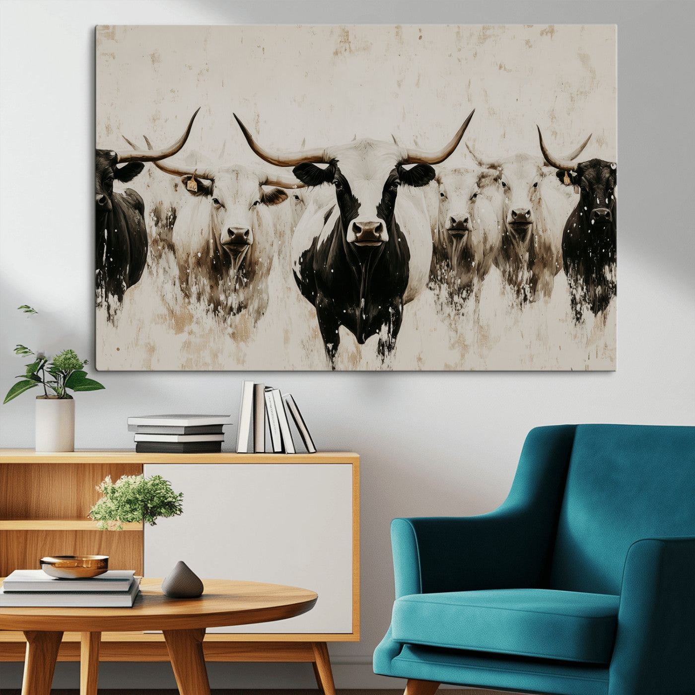Illustrated herd of longhorn cattle in black and white tones with a neutral textured background, perfect for rustic or farmhouse-style decor.