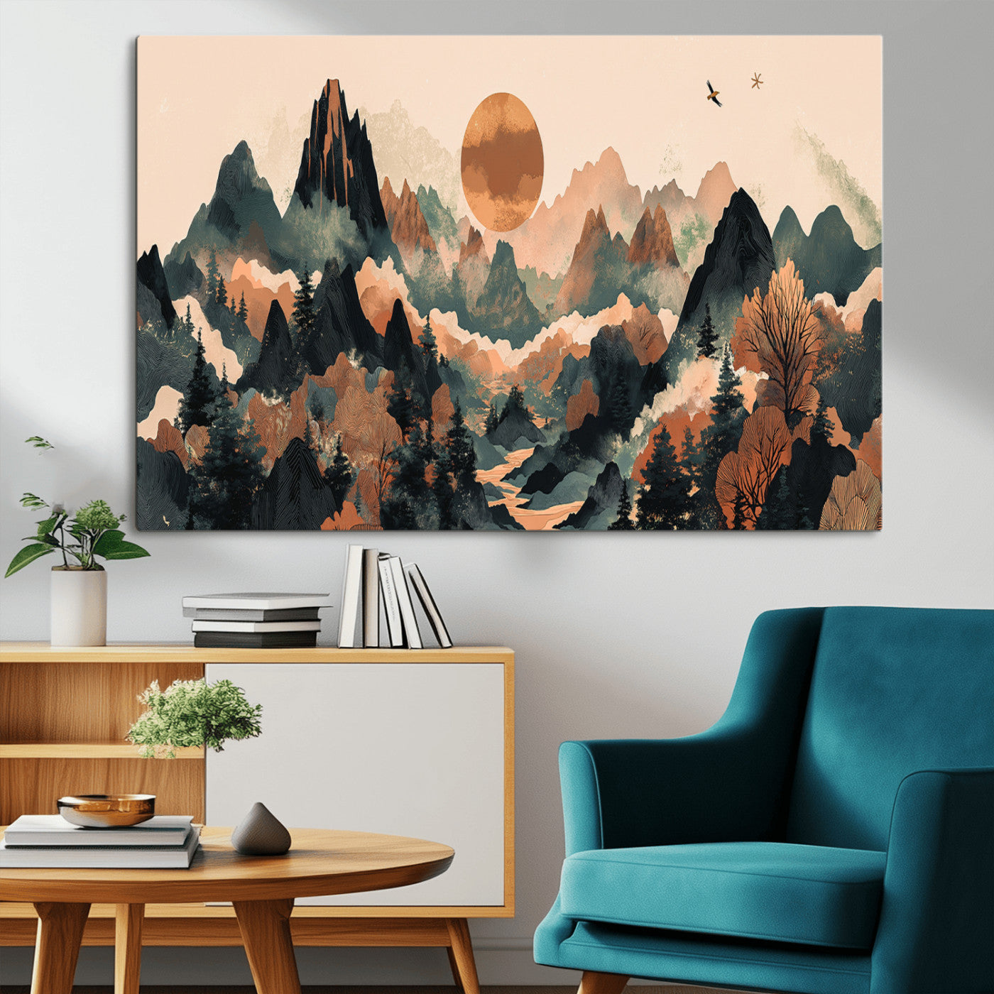 Mountain Landscape Wall Art Print - Sunset Hills Canvas Print, featuring an abstract nature scene with earthy tones and misty peaks, perfect for boho and modern decor.