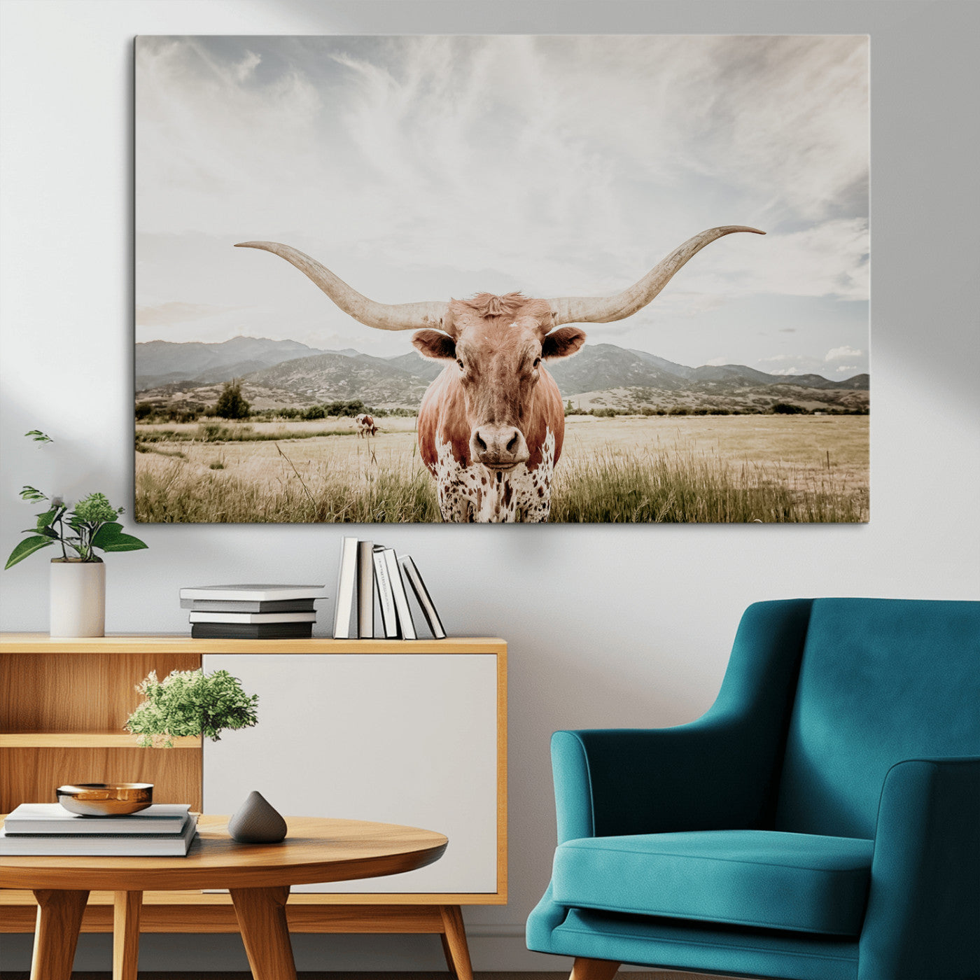 Longhorn Wall Art Print - Western Cow Canvas Print, featuring a majestic Texas longhorn in a rustic prairie setting, perfect for farmhouse and western decor.