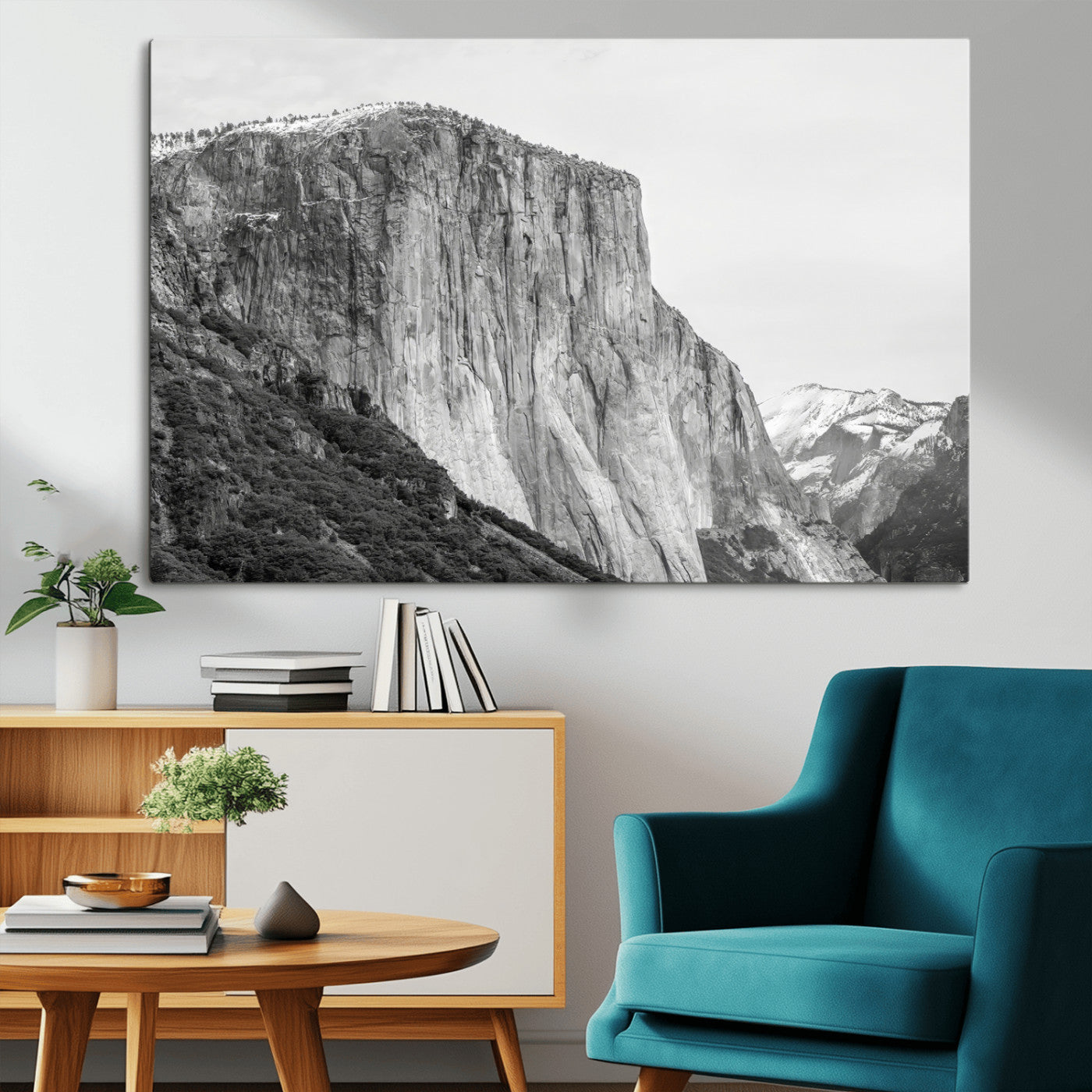Monochrome canvas of El Capitan’s granite wall in Yosemite with snowy peaks, ideal for dramatic mountain or black-and-white nature decor.