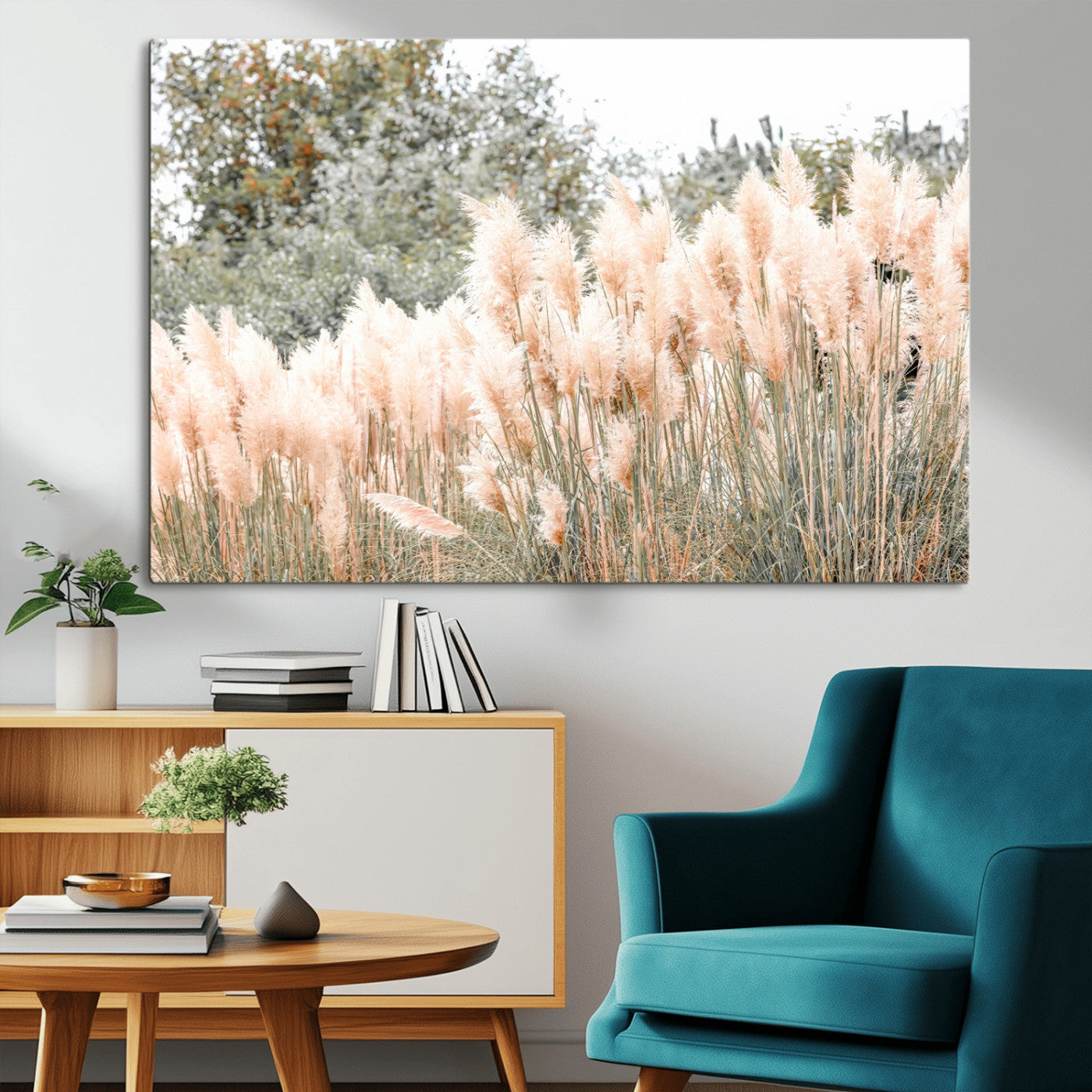 Soft pastel pampas grasses in a natural setting, ideal for neutral boho or rustic botanical-style interior wall decoration.
