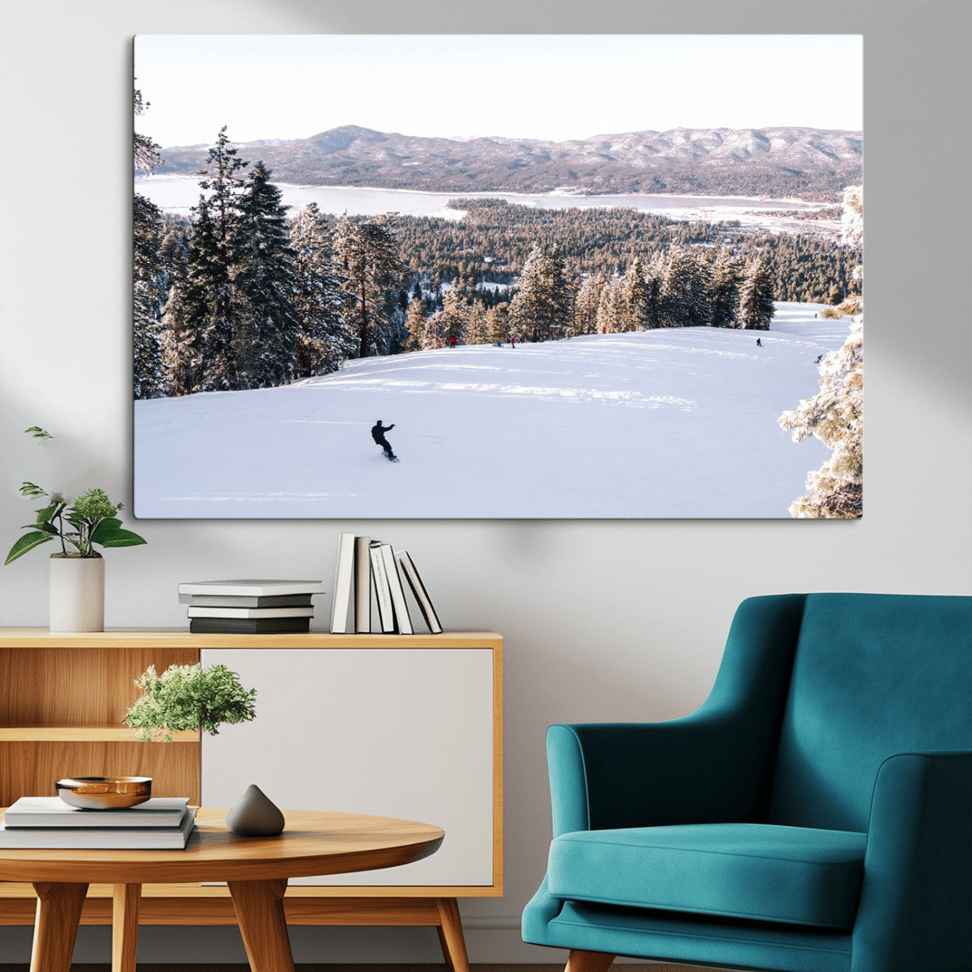Canvas of a snowy mountain ski slope with pine trees and bright winter light, ideal for modern rustic or alpine-inspired home decor.