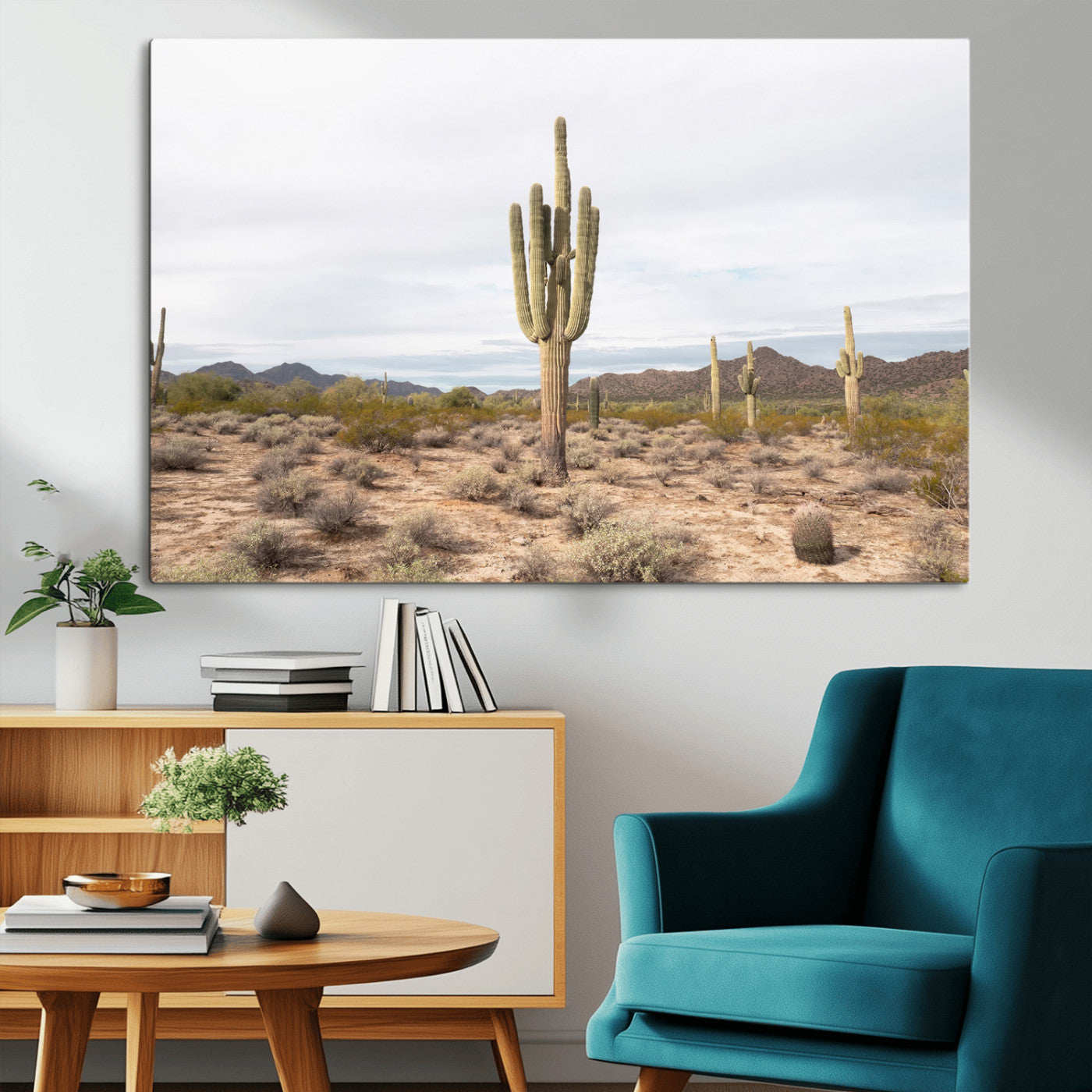 Canvas of a saguaro cactus in an earthy Sonoran desert landscape, ideal for Southwestern Boho or desert minimalism inspired home decor. 2/2