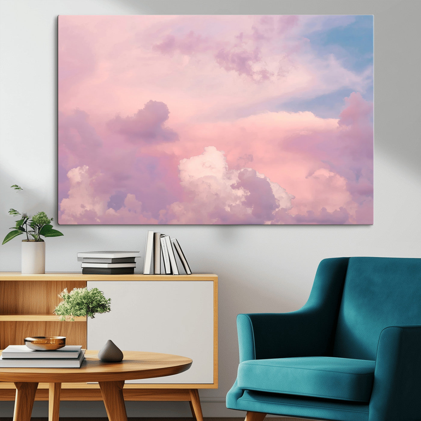 Soft pastel-colored clouds in shades of pink, purple, and blue, creating a dreamy and serene sky perfect for a calming decor touch.