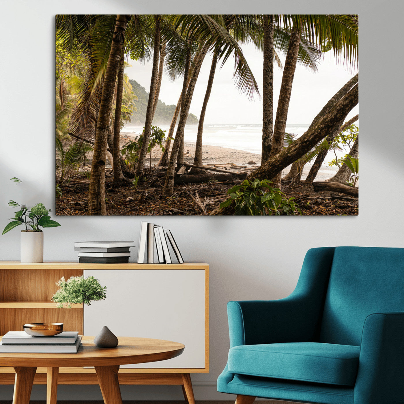 Dense tropical palm trees framing a sandy beach and ocean shore, ideal for jungle or coastal themed interior wall decor.