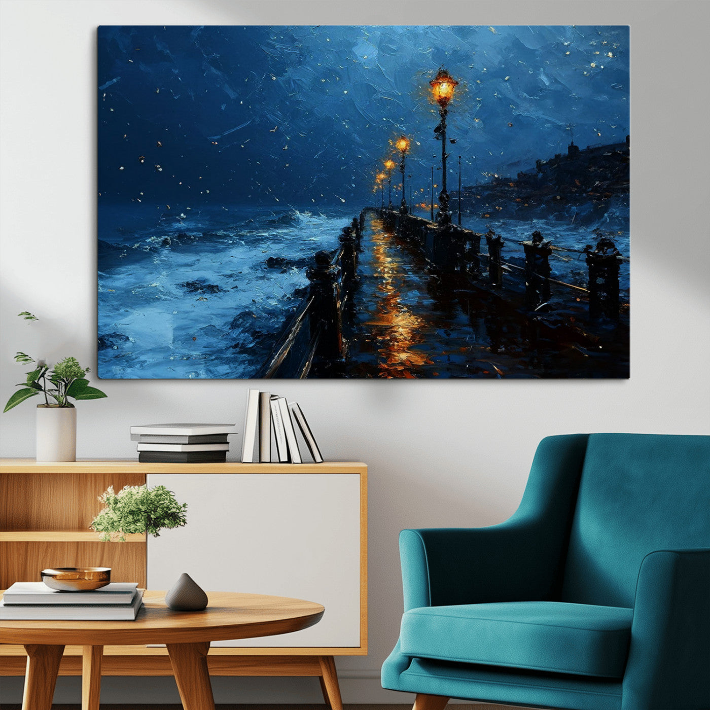 "Impressionistic painting of a rainy pier at night with glowing street lamps reflecting on the wet surface, ocean waves crashing under a dark blue sky."