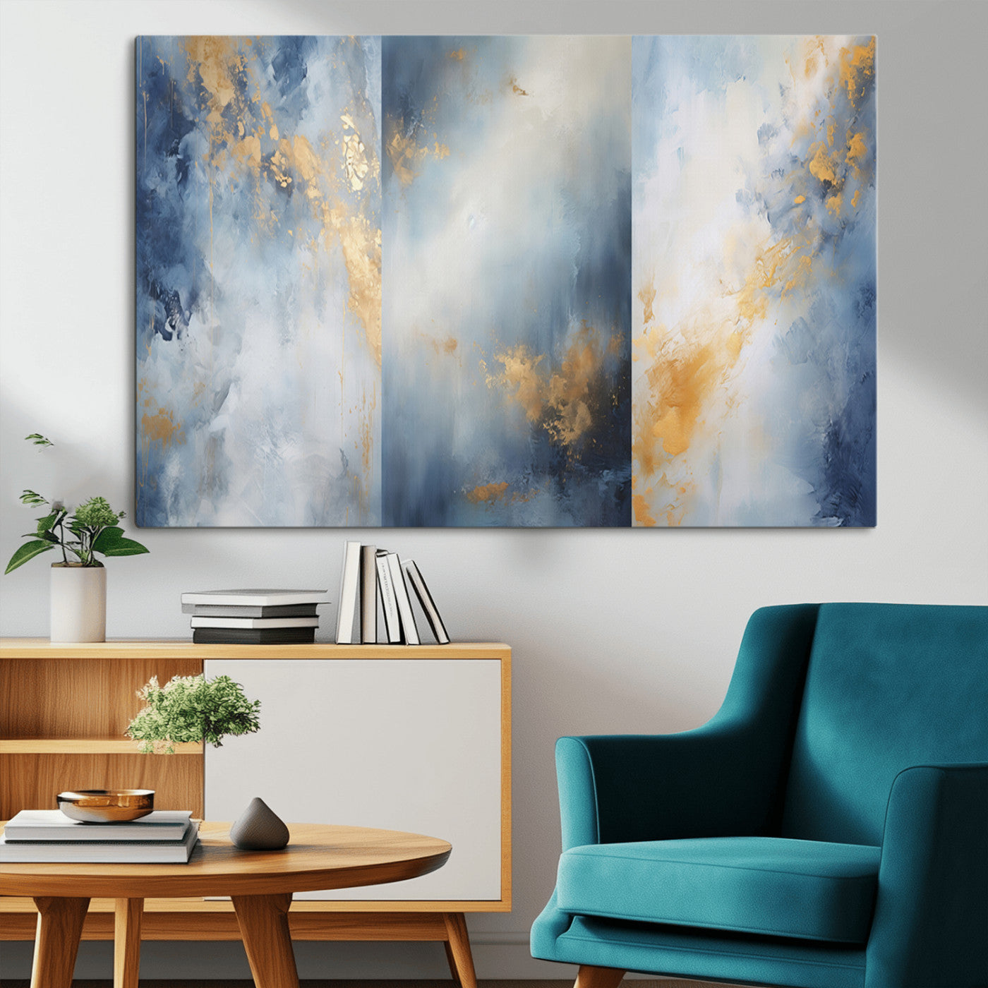 Abstract canvas art in soft blue and gold tones with textured brushstrokes, ideal for elegant or modern neutral decor spaces.