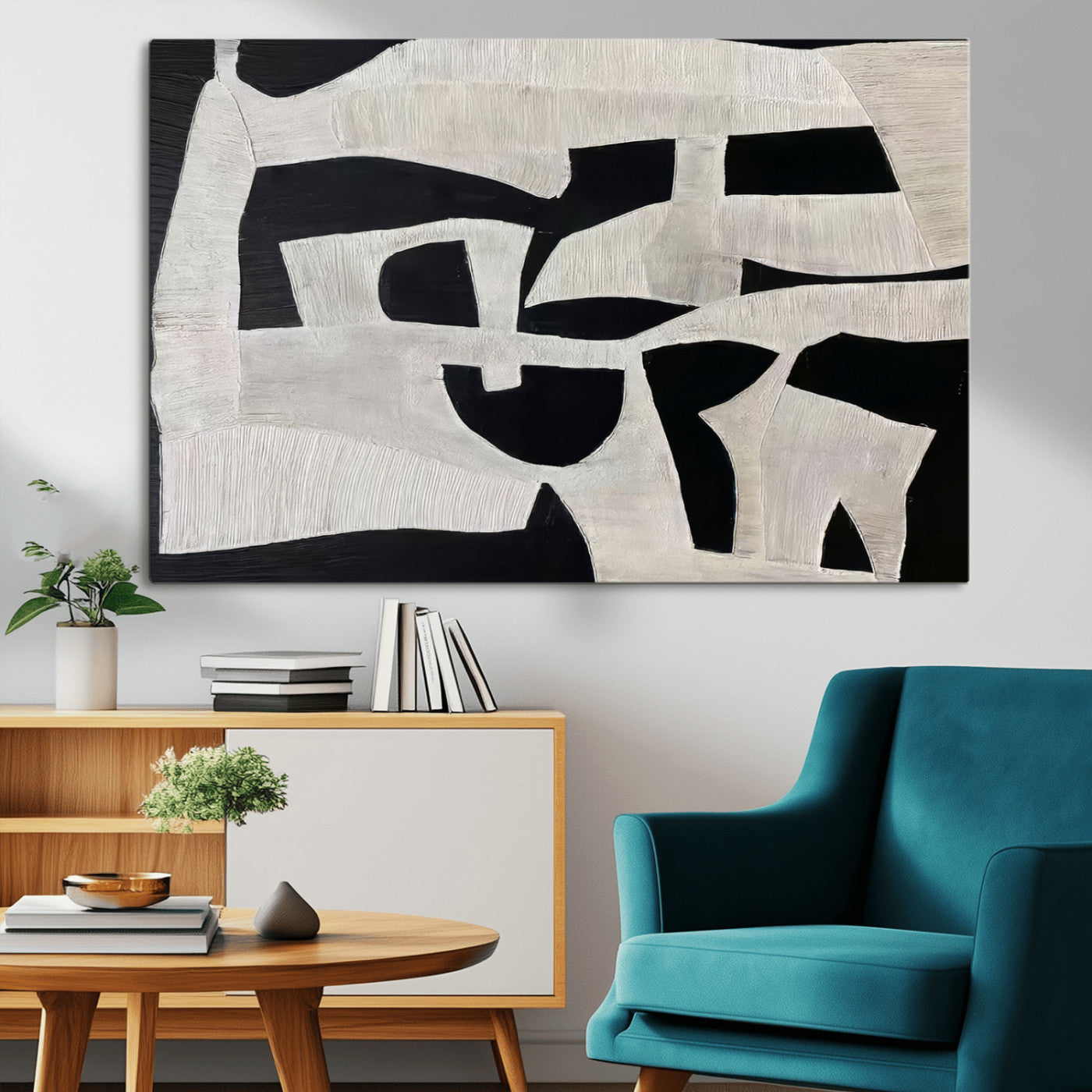 Minimalist black and white canvas featuring bold abstract textures and geometric shapes, ideal for modern neutral decor.