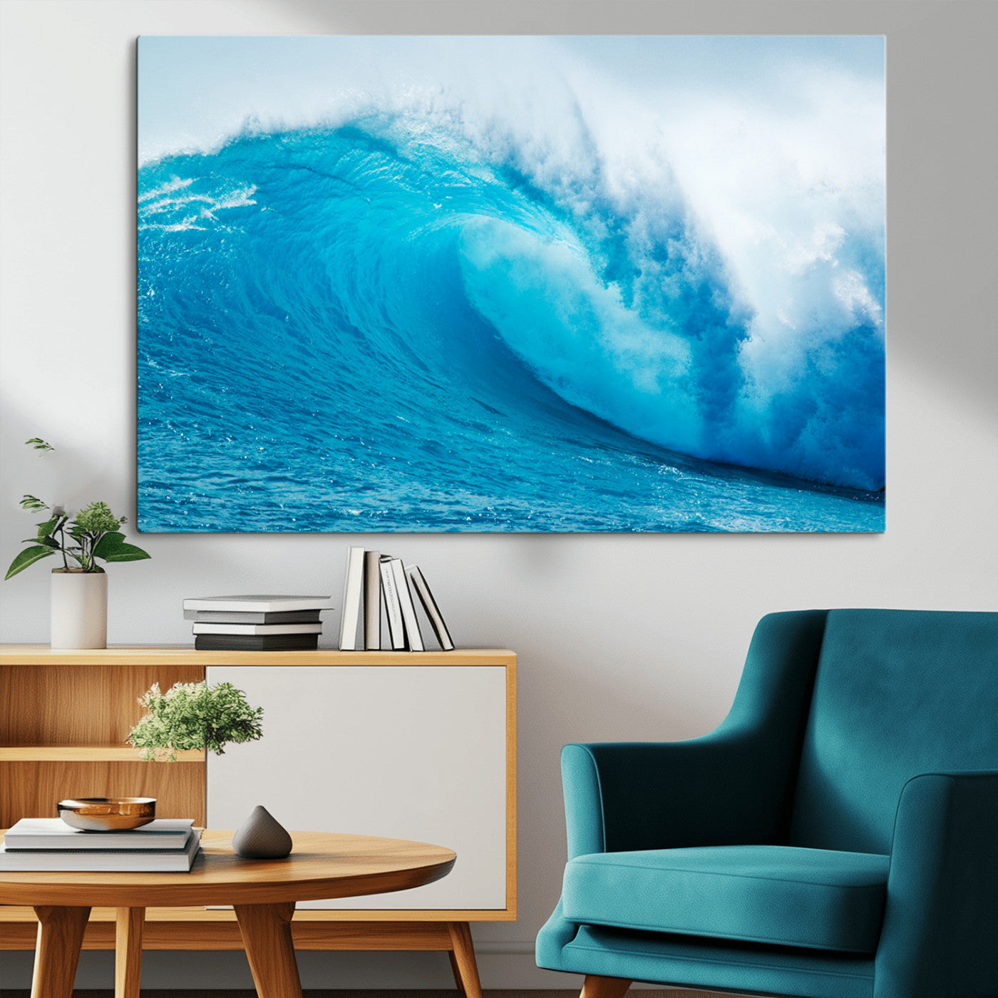 Vibrant canvas of a powerful curling ocean wave in tropical blue tones, perfect for coastal or surf-inspired decor settings.