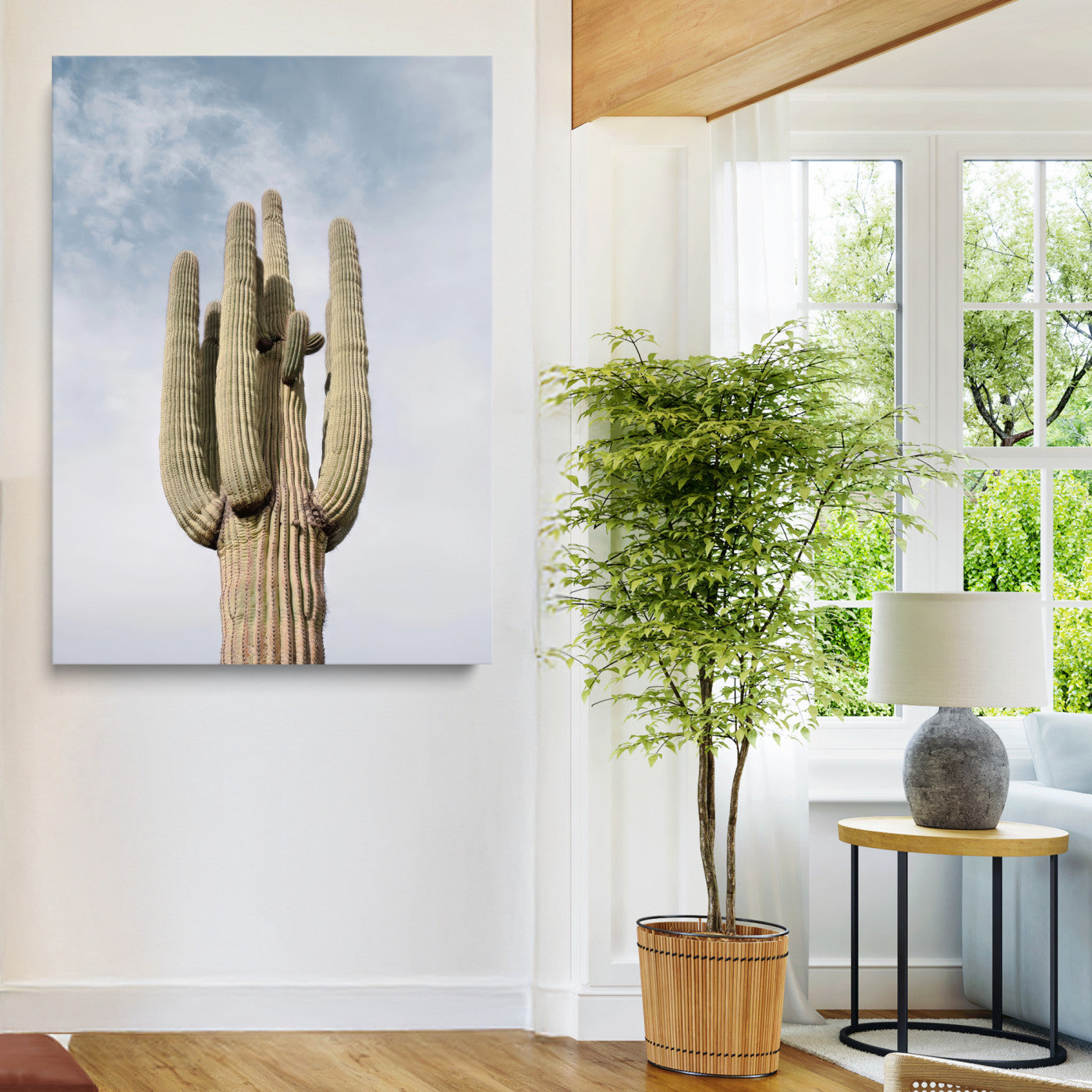 Vertical photo of a tall saguaro cactus against a soft sky, ideal for earthy or Southwestern home decor with warm neutral tones.