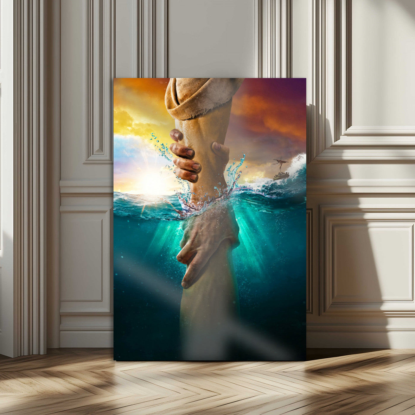A dramatic scene of a hand reaching underwater and being lifted, symbolizing rescue and faith, ideal for spiritual or Christian wall decor.