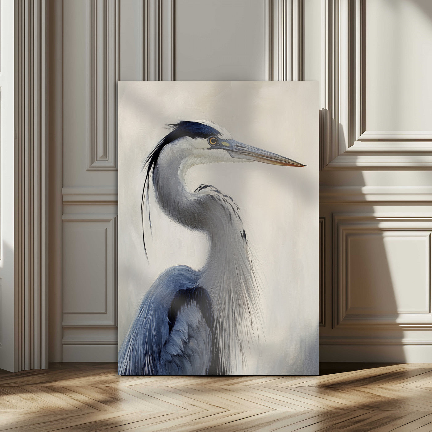 Elegant blue heron in profile with soft brush detail and neutral tones, ideal for nature-themed or coastal minimalist interiors.