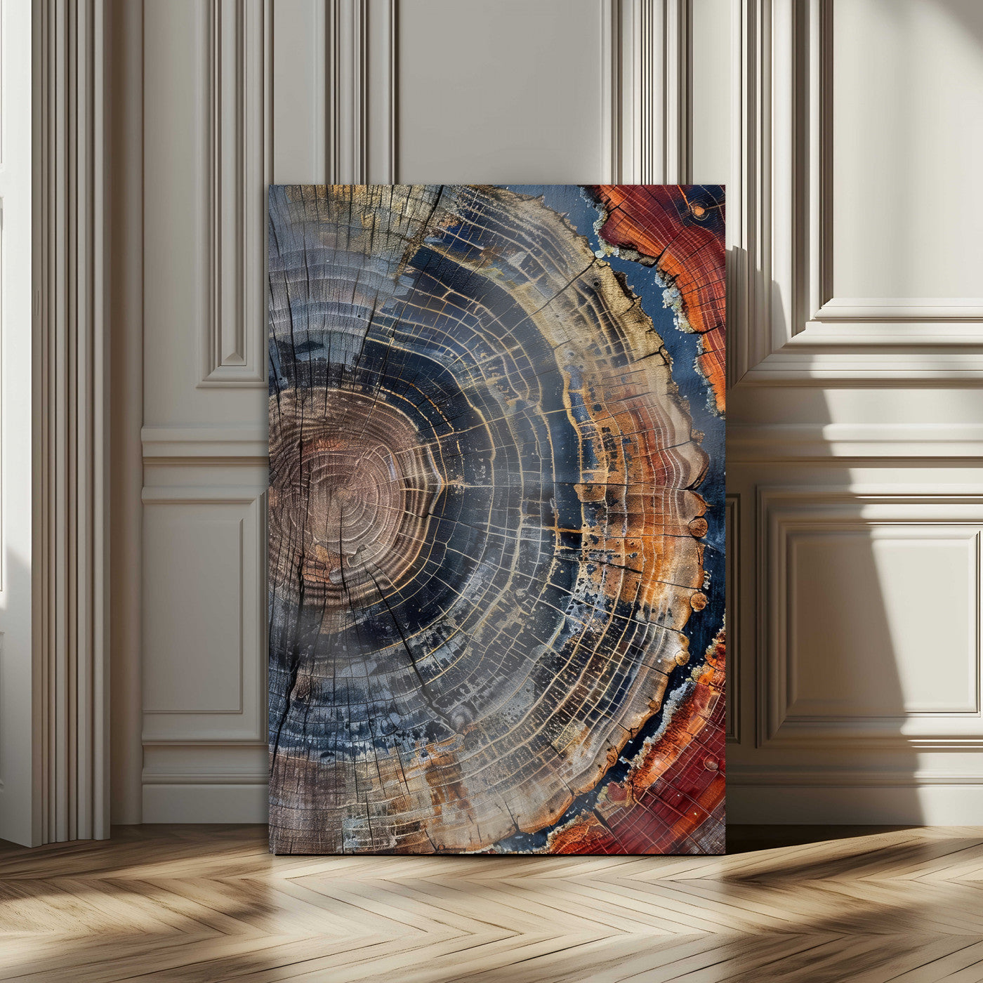 Close-up of a tree ring cross-section showing detailed growth rings in earthy tones, perfect for rustic or nature-inspired home decor.