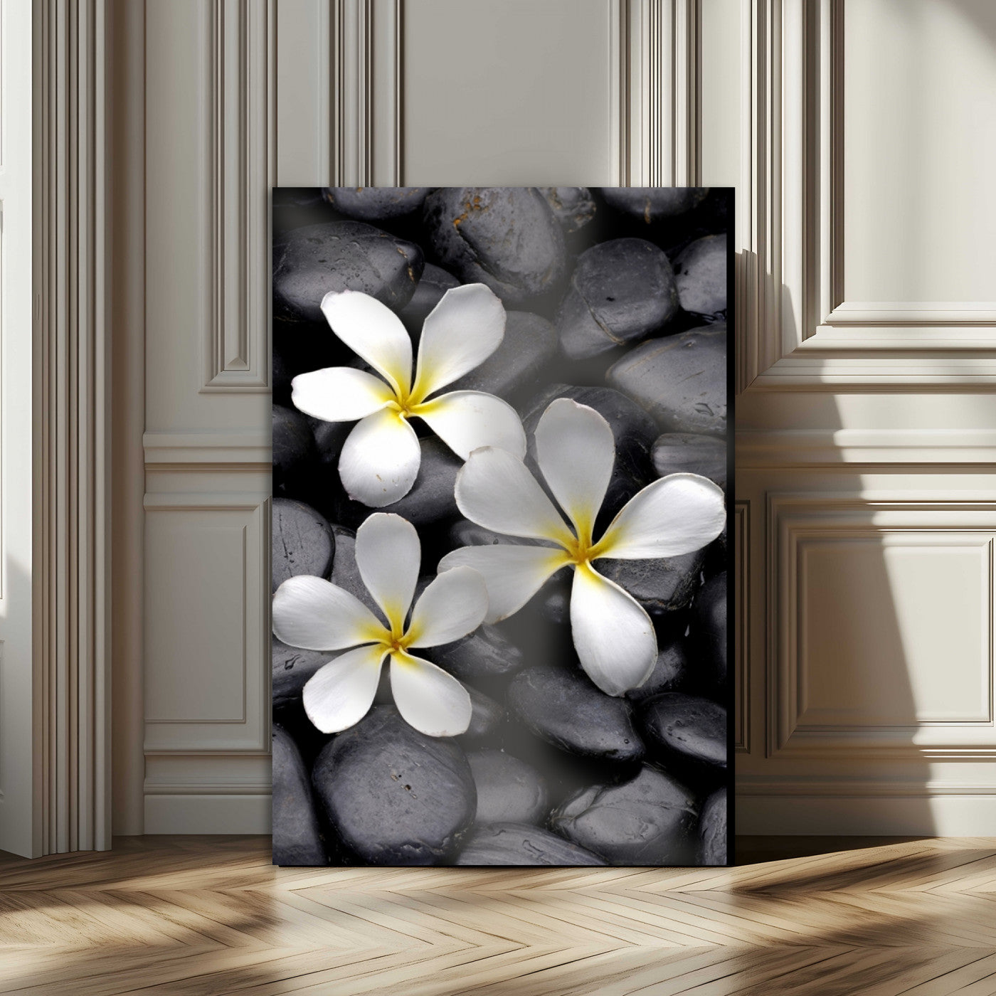 Large Wall Art White Flowers on Black Zen Meditation Stones Vertical Canvas Print