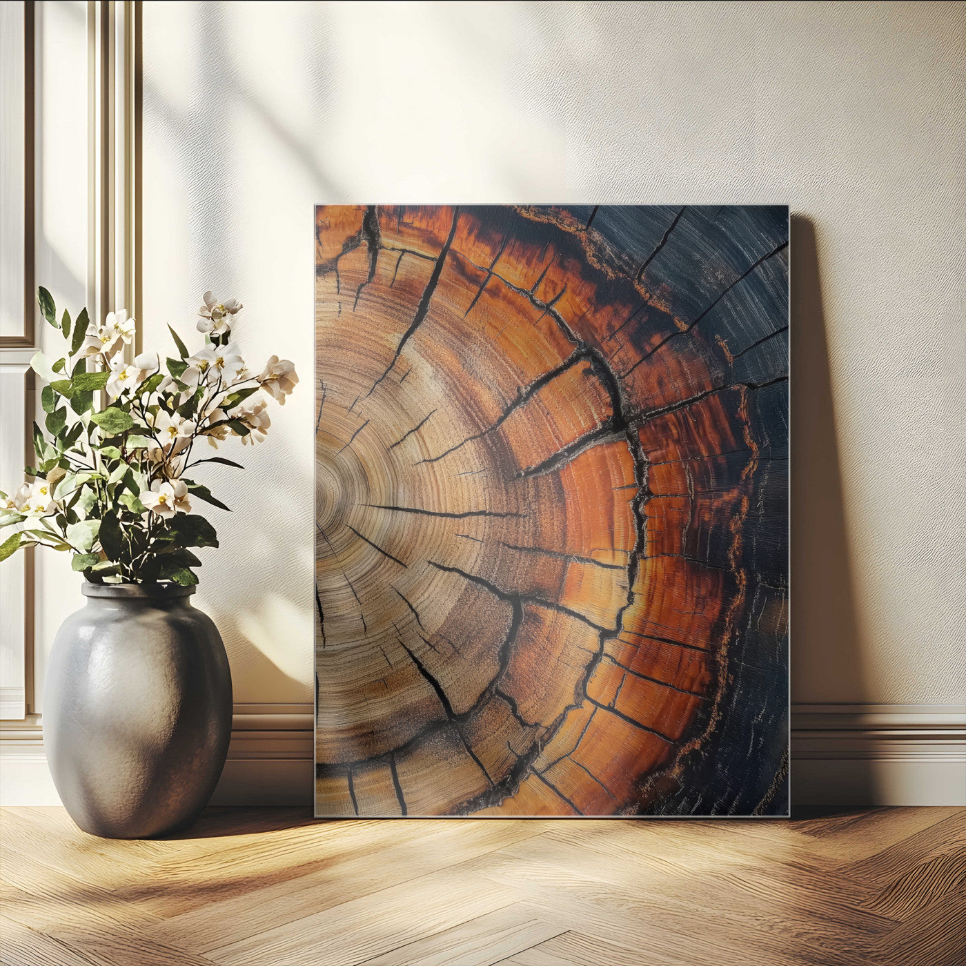 Framed canvas of burnt tree rings with rich wood texture and warm tones, ideal for rustic or earth-inspired interior decor.