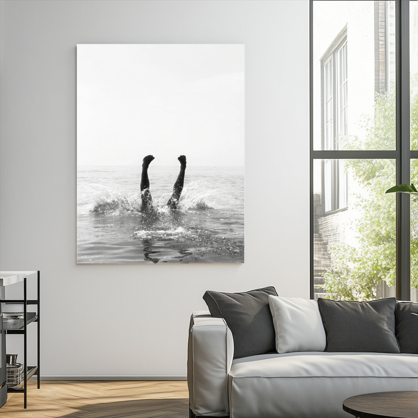 Black and white ocean art featuring a swimmer's legs mid-splash, perfect for minimalist, coastal, or monochrome modern interiors.