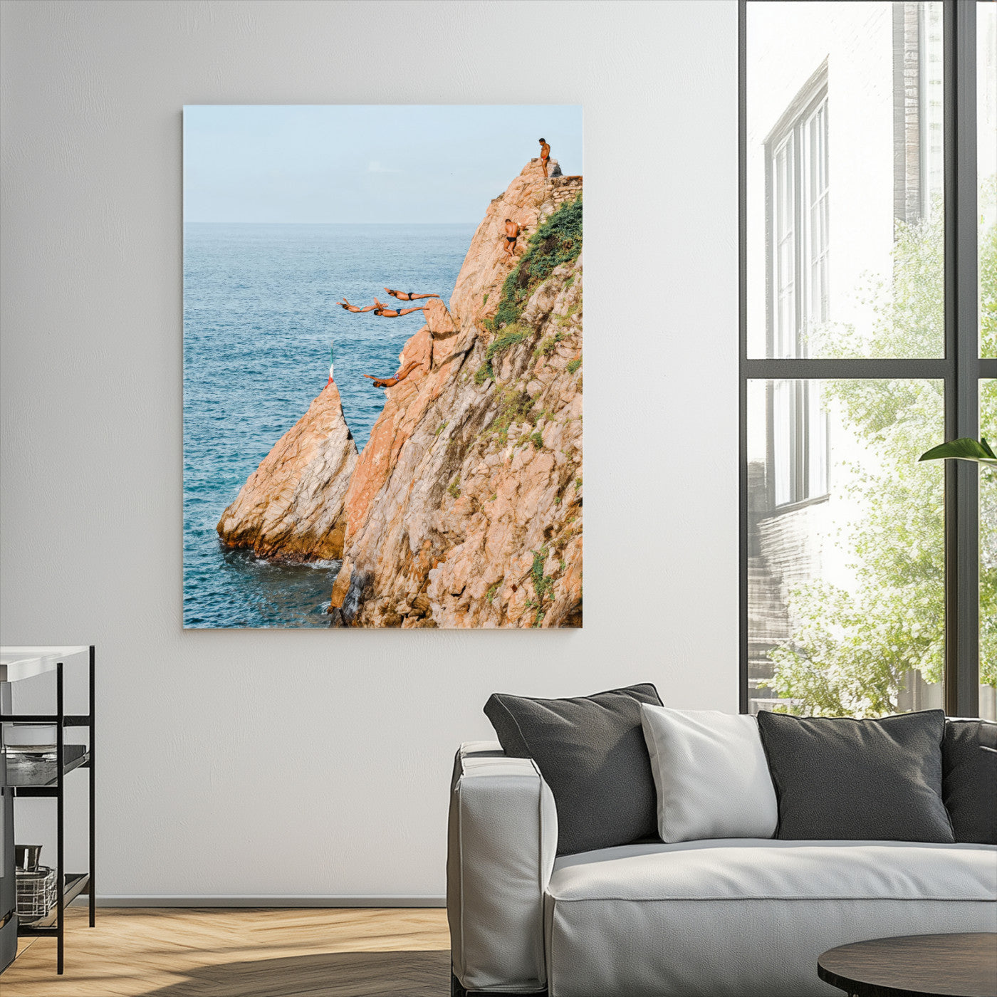Canvas wall art capturing a bold cliff diving sequence into turquoise waters, perfect for vibrant and adventurous coastal or sporty interiors.