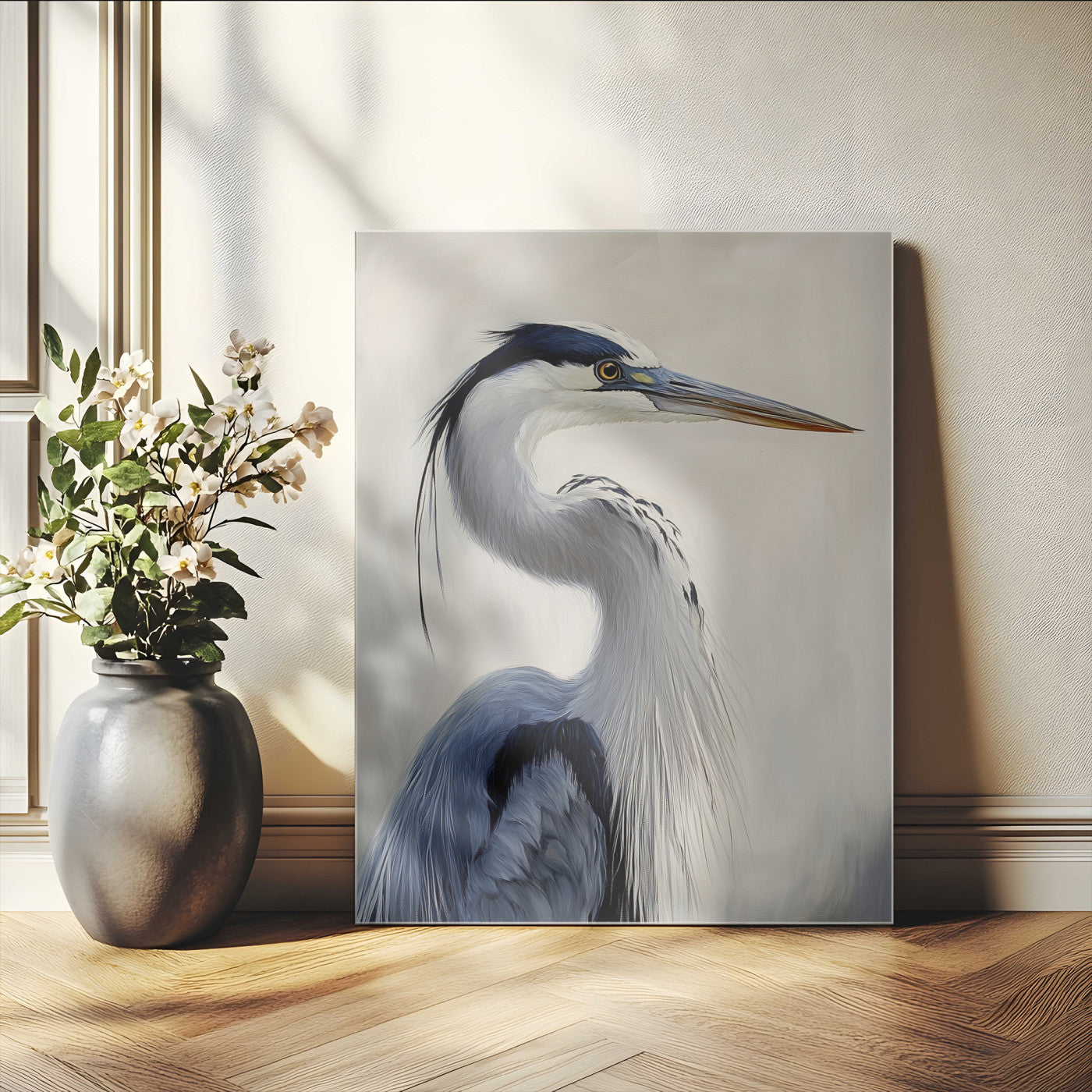 Elegant blue heron in profile with soft brush detail and neutral tones, ideal for nature-themed or coastal minimalist interiors.