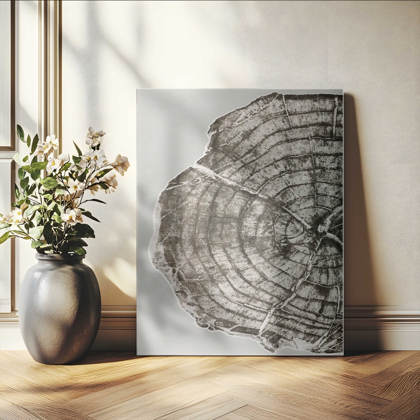 A close-up tree ring cross-section with neutral tones and organic texture, perfect for rustic, modern, or minimalist interior wall decor.
