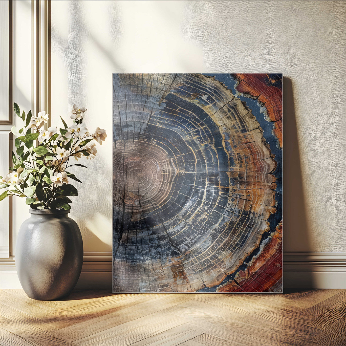 Close-up of a tree ring cross-section showing detailed growth rings in earthy tones, perfect for rustic or nature-inspired home decor.