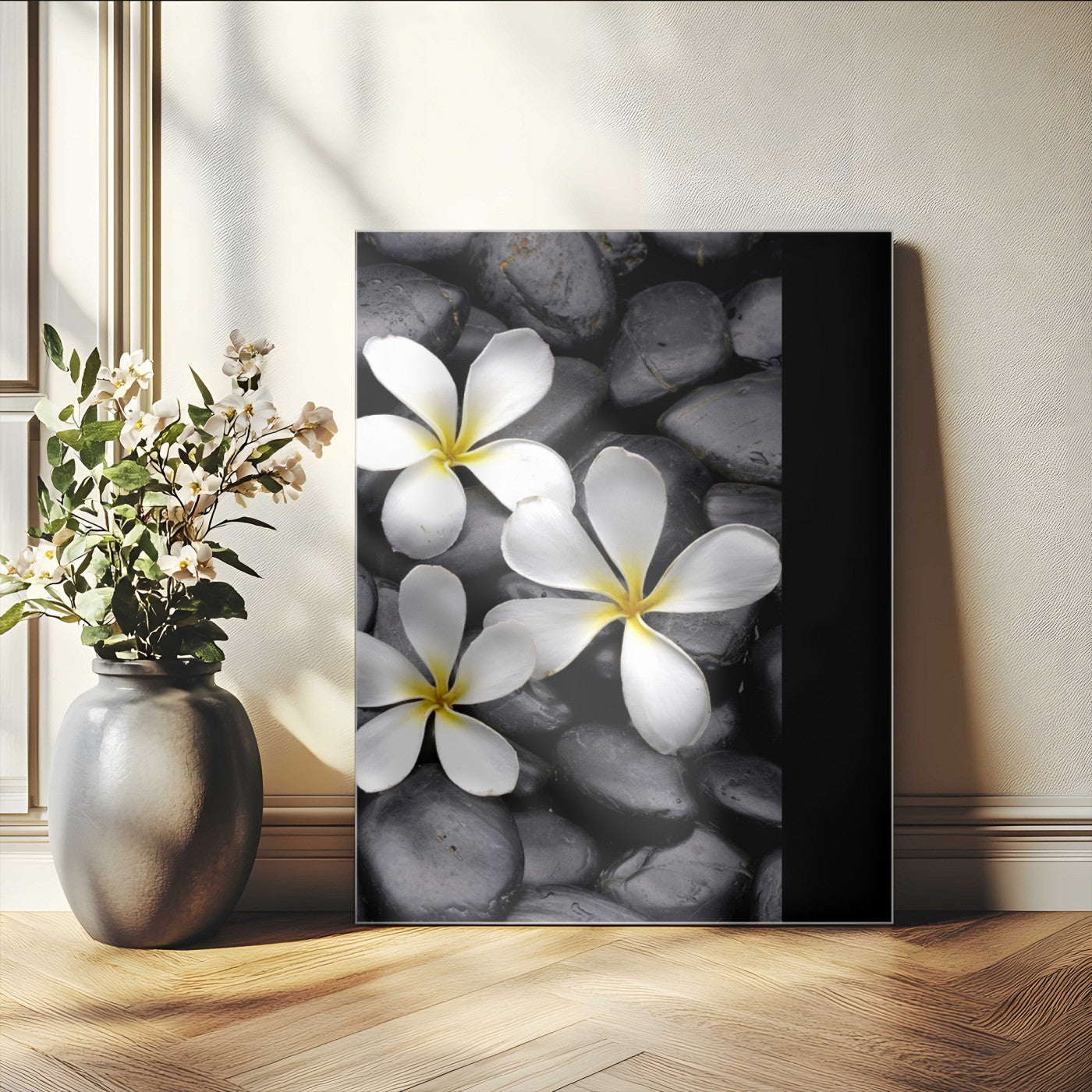 Large Wall Art White Flowers on Black Zen Meditation Stones Vertical Canvas Print