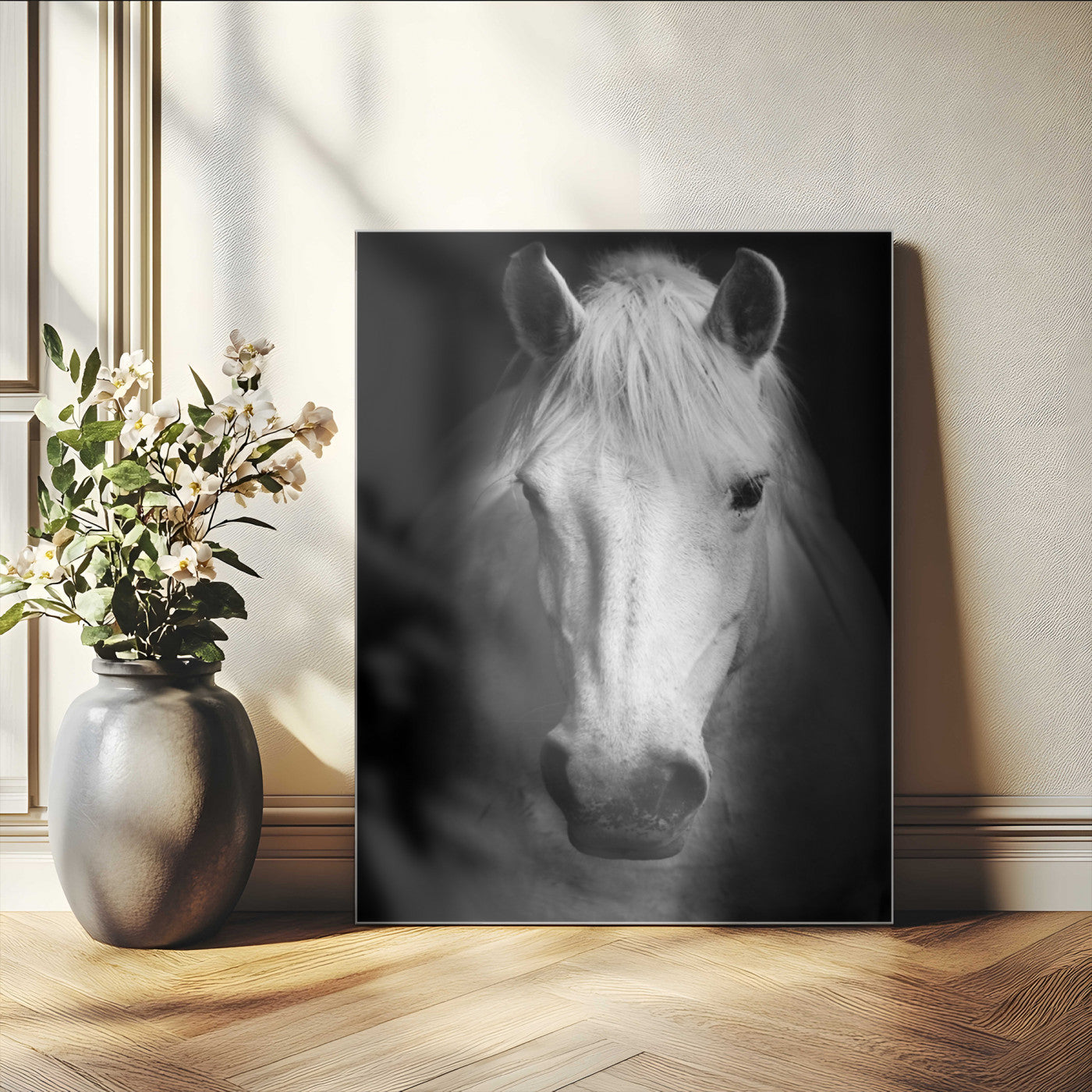 Large Wall Art White Horse on Black Background Canvas Print